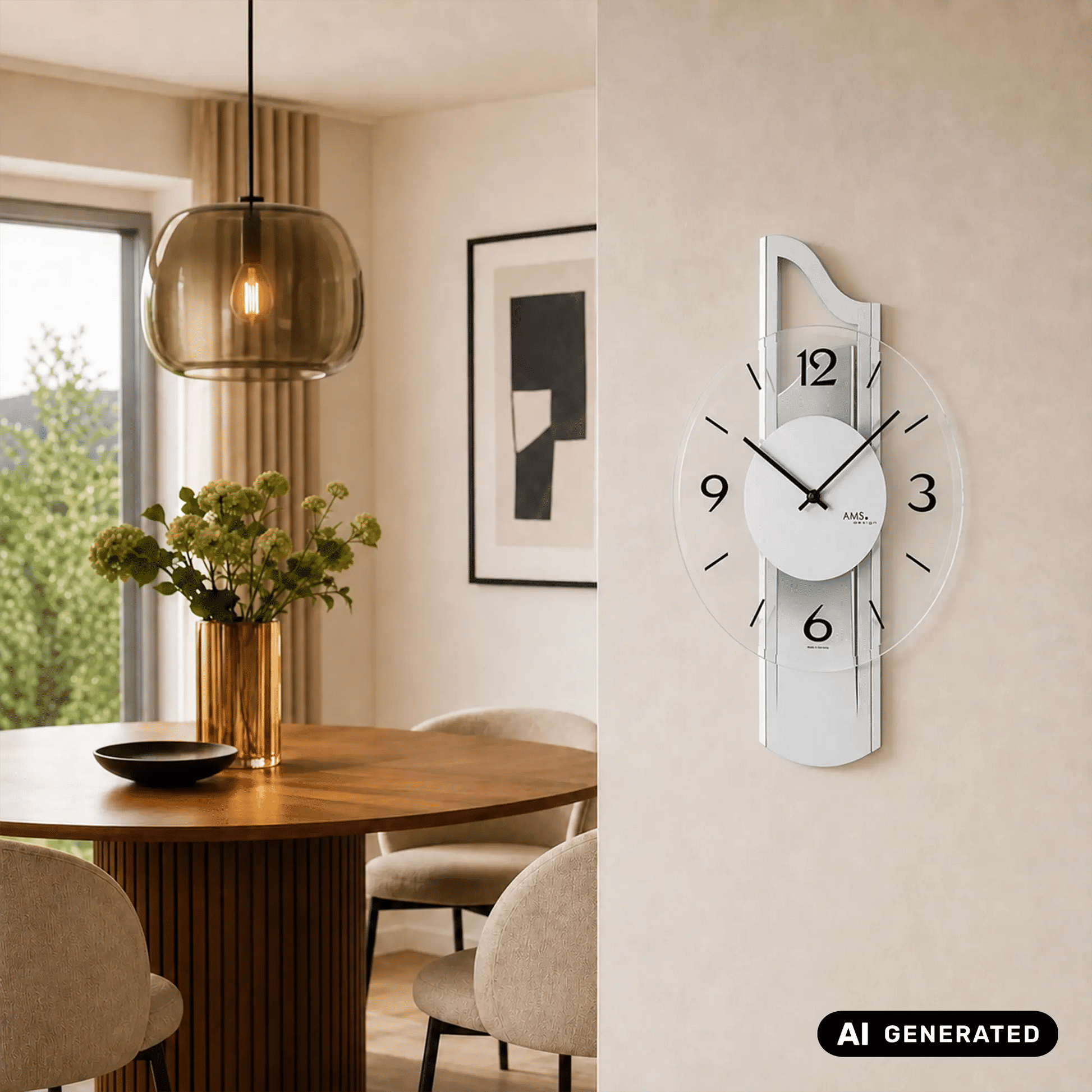 Wanduhr in Silber mit facettiertem Mineralglas, rundem Ziffernblatt und schwarzen Zeigern