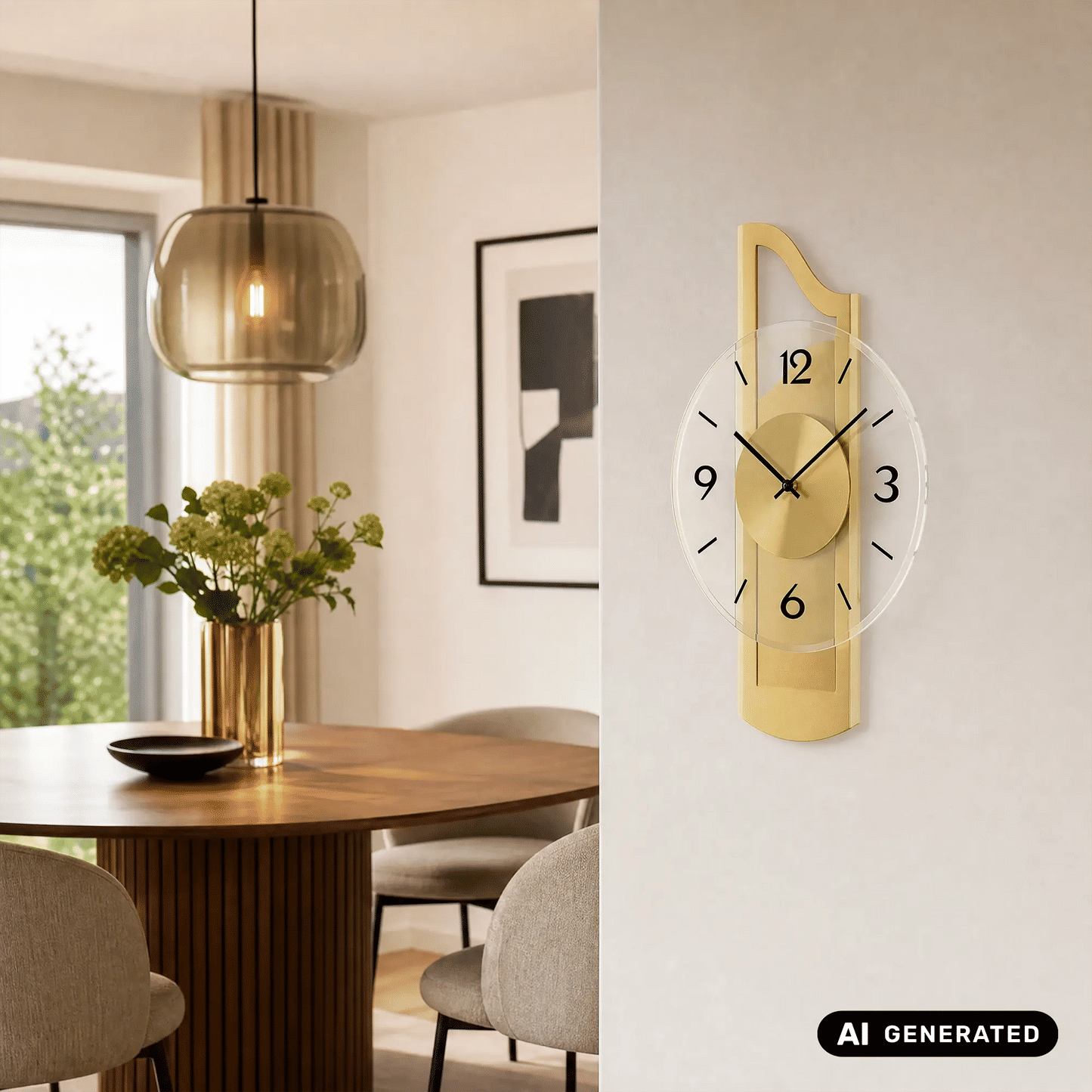 Wanduhr mit goldfarbenem Holzgehäuse und weißem Zifferblatt hinter facettiertem Mineralglas