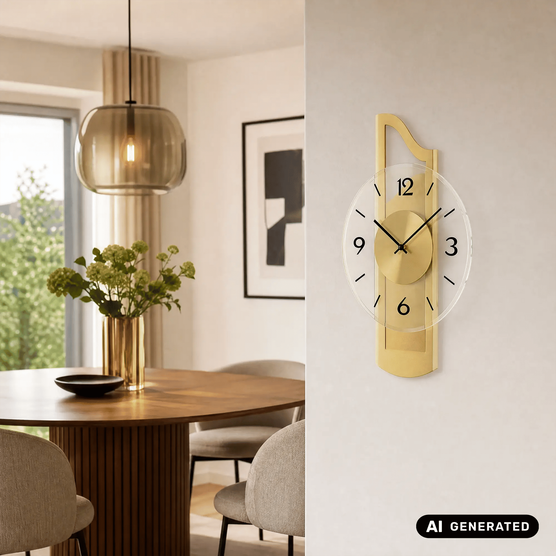 Wanduhr mit goldfarbenem Holzgehäuse und weißem Zifferblatt hinter facettiertem Mineralglas
