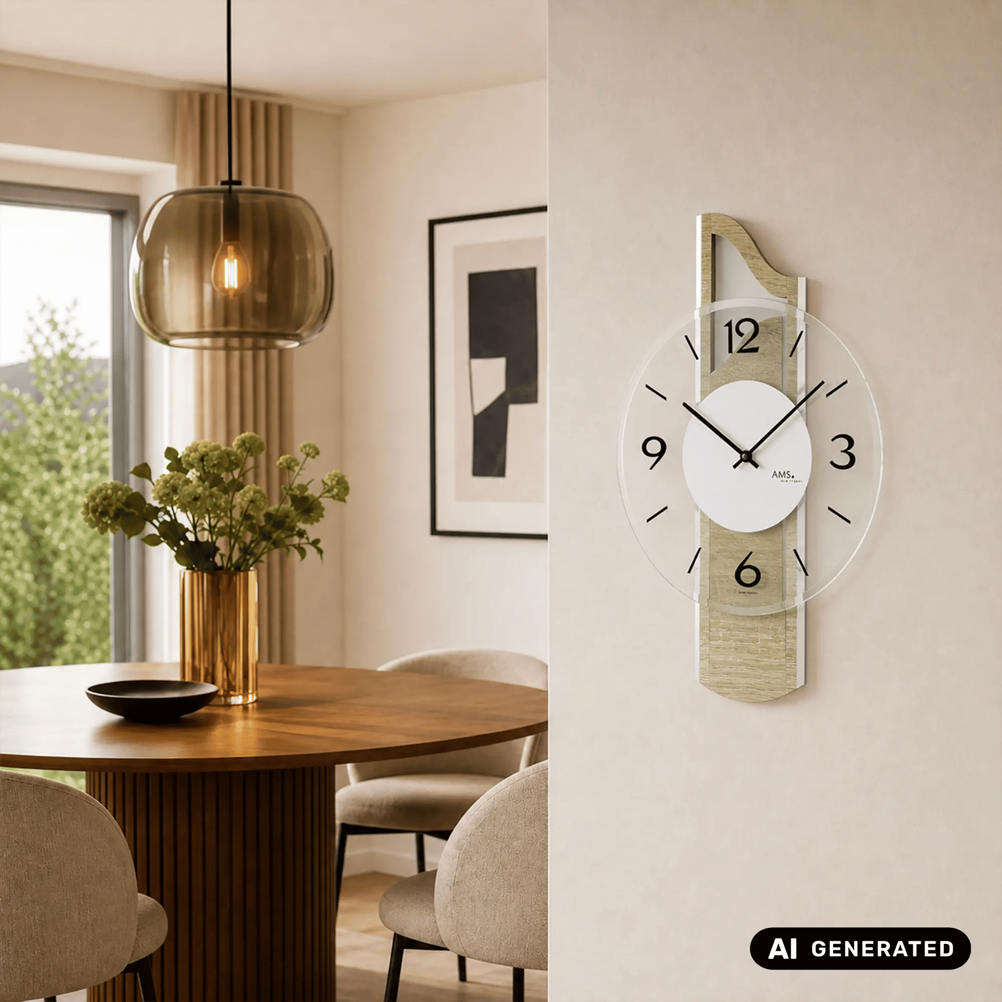 Wanduhr an der Wand mit rundem Zifferblatt, schwarzen Zeigern und Sonoma-Holzgehäuse