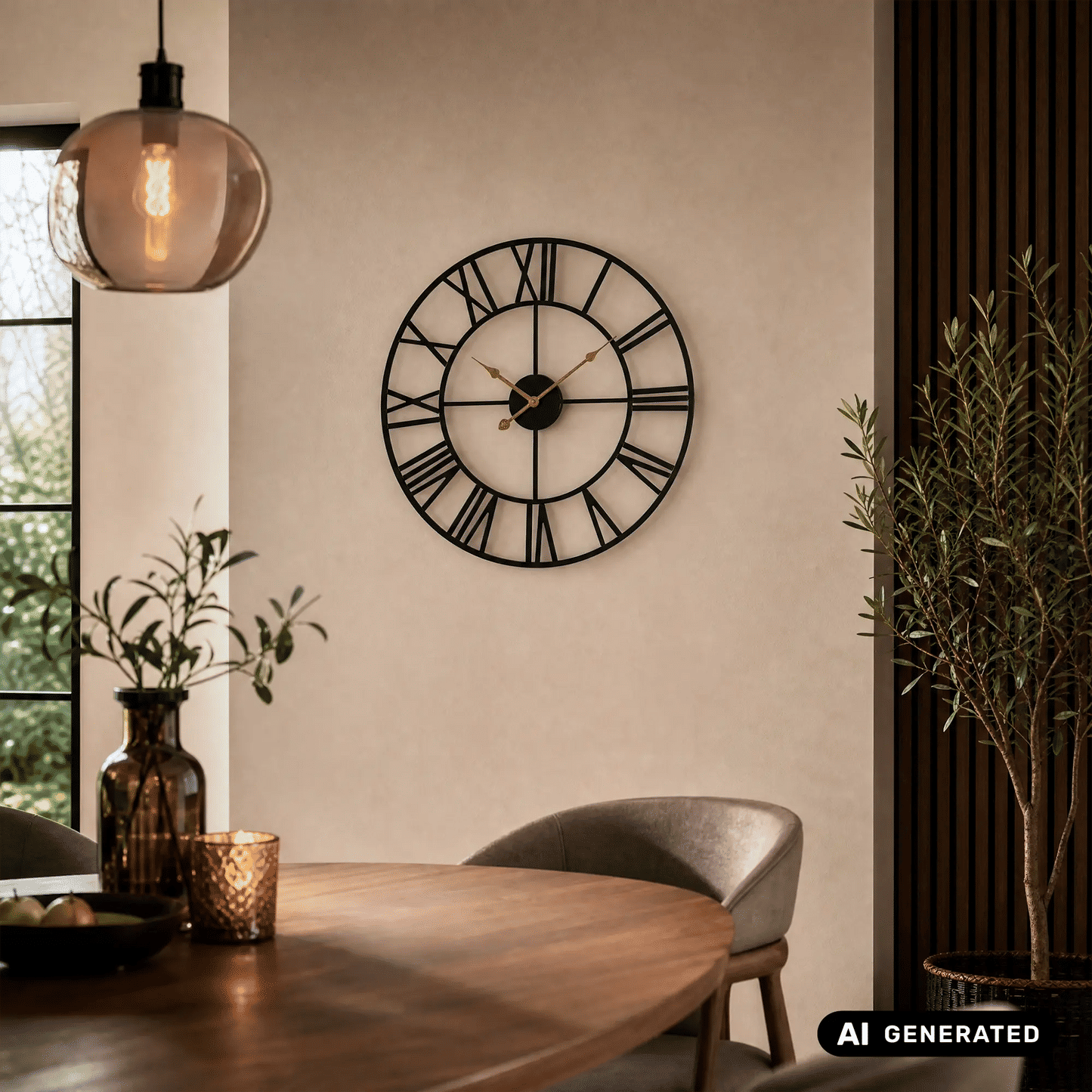Metall-Wanduhr an der Wand mit schwarzem Rahmen, weißem Zifferblatt und goldenen Zeigern