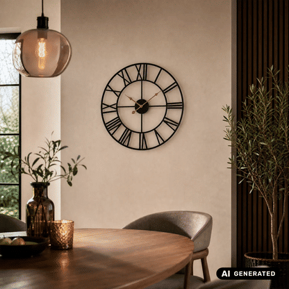 Metall-Wanduhr an der Wand mit schwarzem Rahmen, weißem Zifferblatt und goldenen Zeigern
