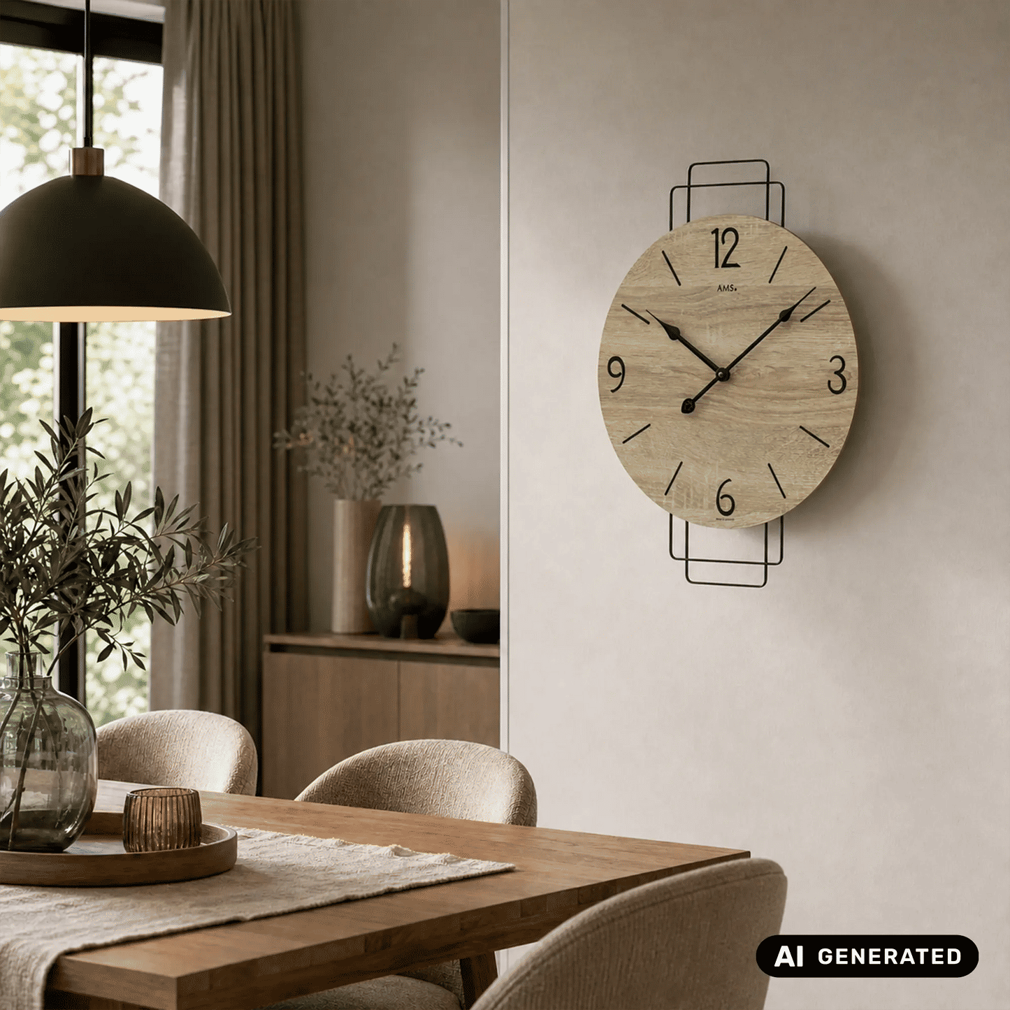 Wanduhr im Holzlook mit schwarzen Ziffern und Zeigern sowie Metallbügelhalterung
