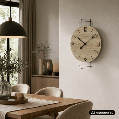 Wanduhr im Holzlook mit schwarzen Ziffern und Zeigern sowie Metallbügelhalterung