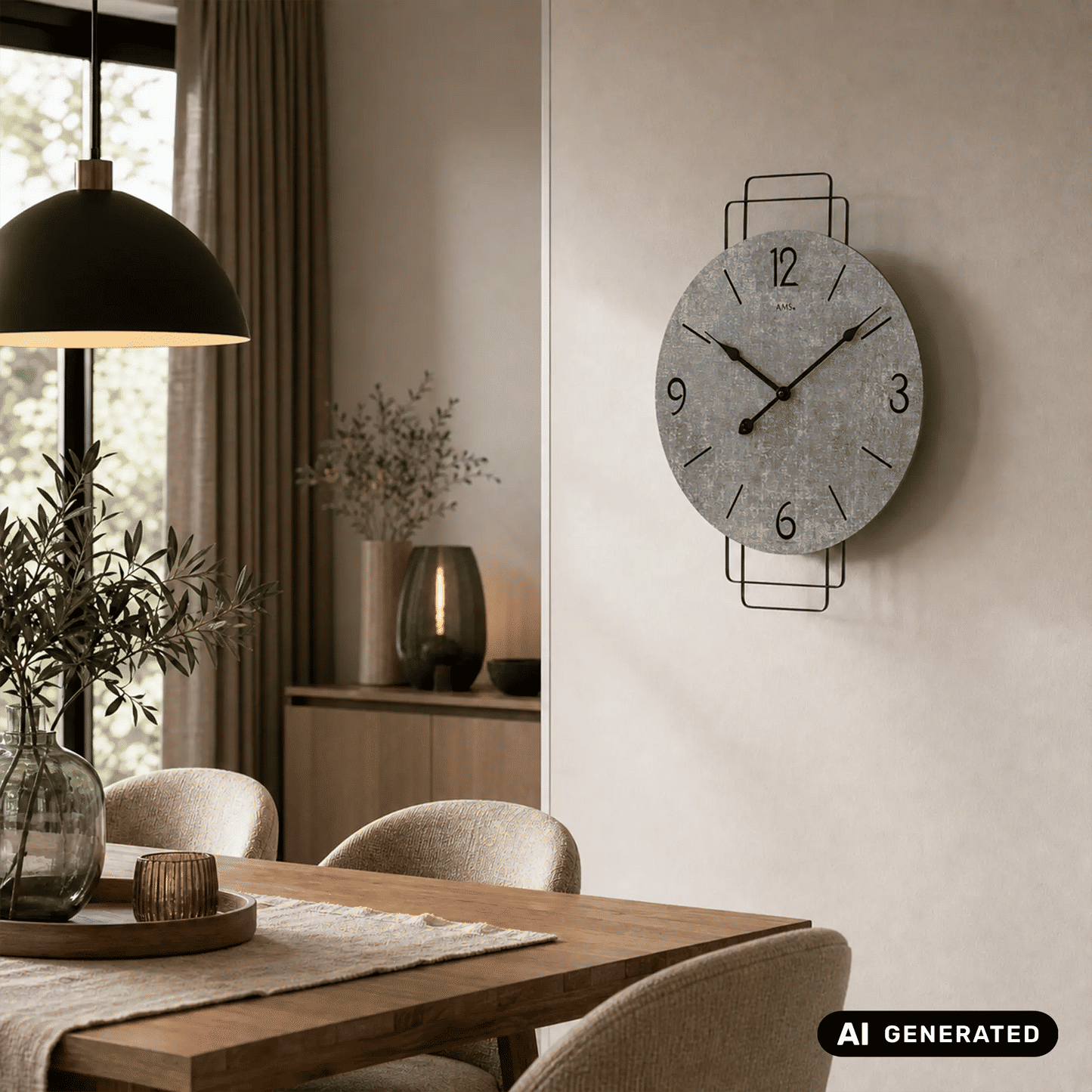 Wanduhr mit grauem Zifferblatt und Metallrahmen, an der Wand montiert.