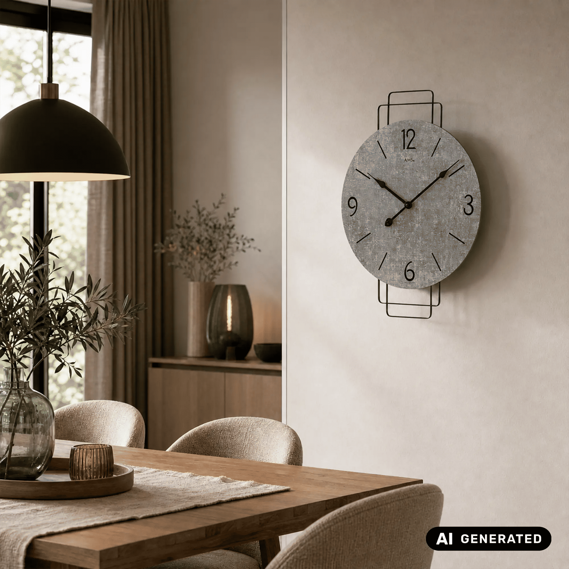 Wanduhr mit grauem Zifferblatt und Metallrahmen, an der Wand montiert.