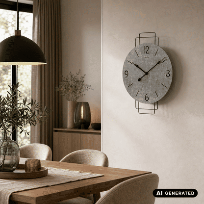 Wanduhr mit grauem Zifferblatt und Metallrahmen, an der Wand montiert.