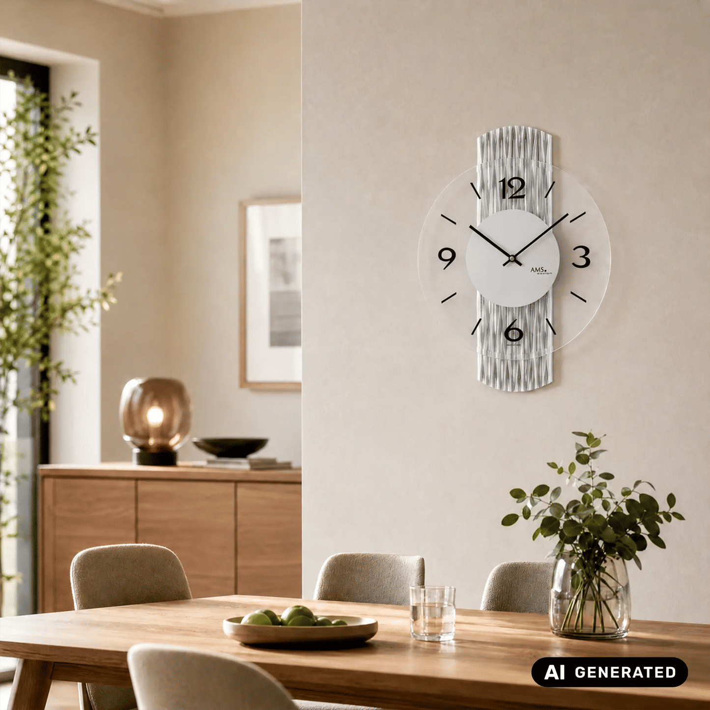 Wanduhr an der Wand mit rundem weißem Ziffernblatt, schwarzen Zeigern und silbernem Rahmen