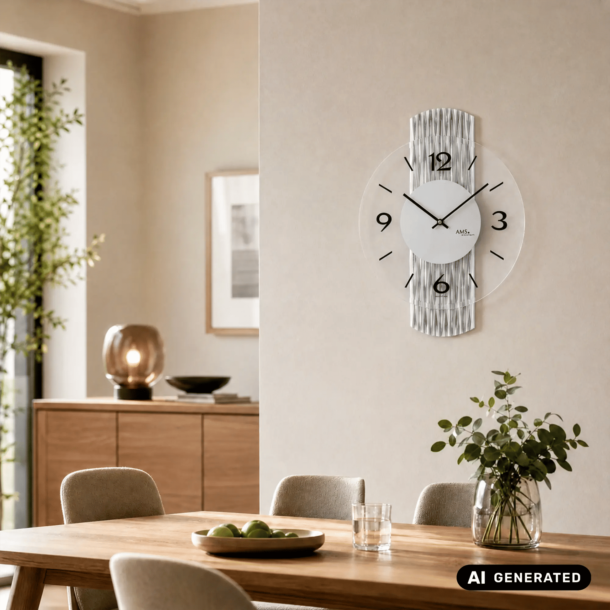 Wanduhr an der Wand mit rundem weißem Ziffernblatt, schwarzen Zeigern und silbernem Rahmen