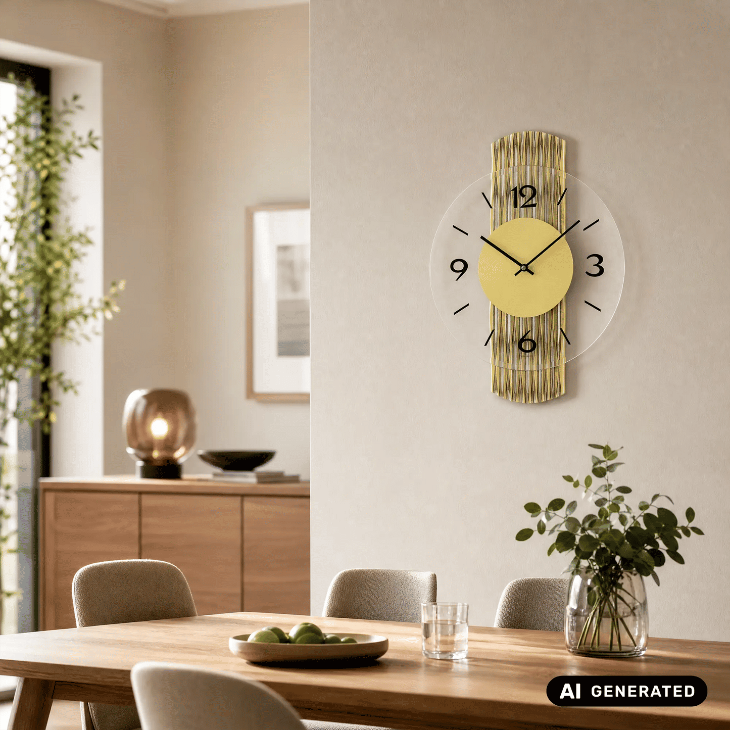 Wanduhr an der Wand: gelbes Ziffernblatt, schwarze Zahlen und goldfarbene Holzrückwand