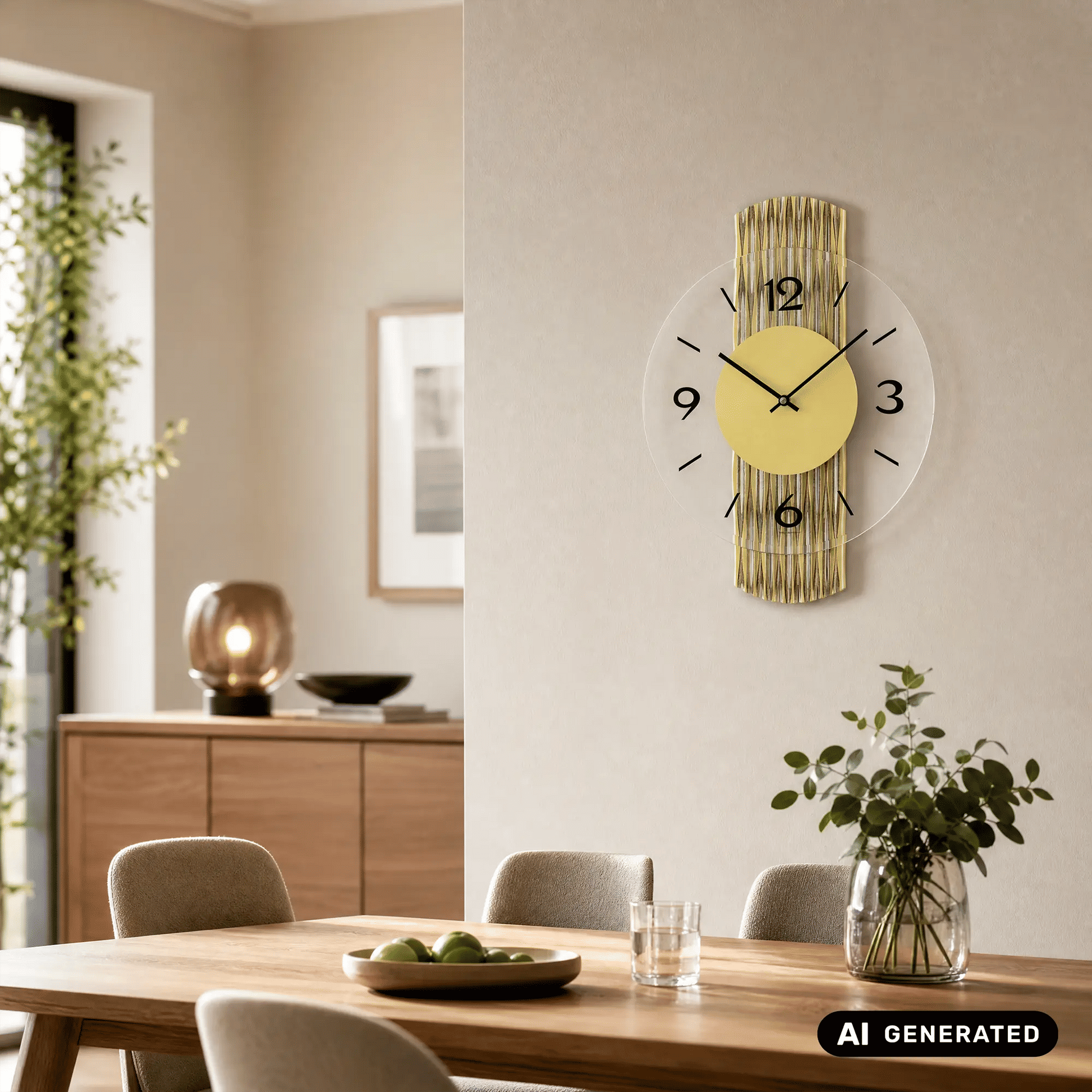 Wanduhr an der Wand: gelbes Ziffernblatt, schwarze Zahlen und goldfarbene Holzrückwand