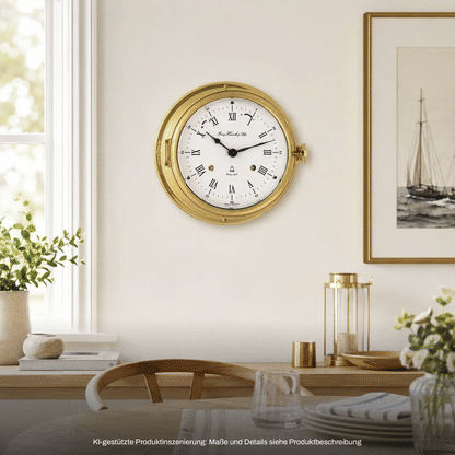 Messingfarbene Wanduhr mit rundem Gehäuse, weißem Zifferblatt und römischen Zahlen
