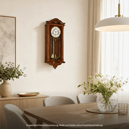 Wanduhr aus Holz, dunkelbraunes Gehäuse mit Ziffernblatt und Pendelgewicht.