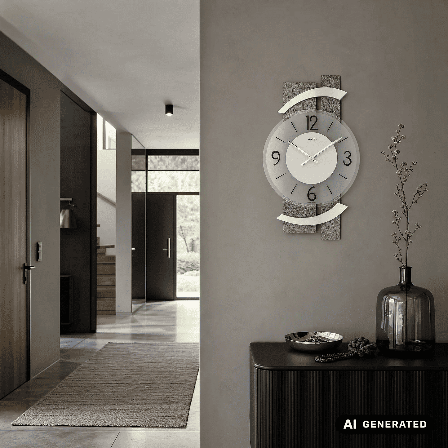 AMS W9548 Zegar ścienny kamień naturalny/aluminium • Fasetowane szkło mineralne • Mechanizm kwarcowy