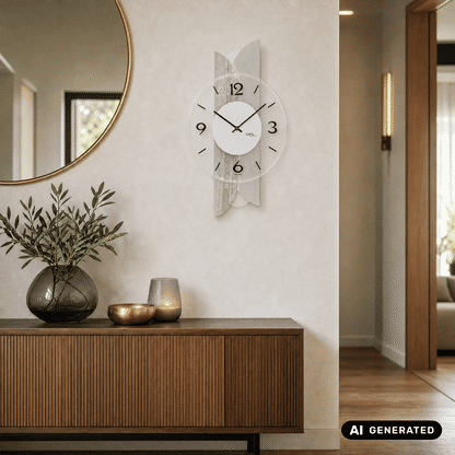 Wanduhr an der Wand: weißes Ziffernblatt mit schwarzen Zahlen und Zeigern, Betoneinsatz