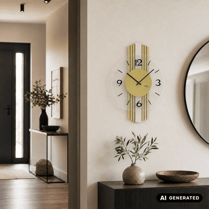 Wanduhr mit gelbem Ziffernblatt und goldfarbenen Holzstreifen am Gehäuse, schwarze Zeiger