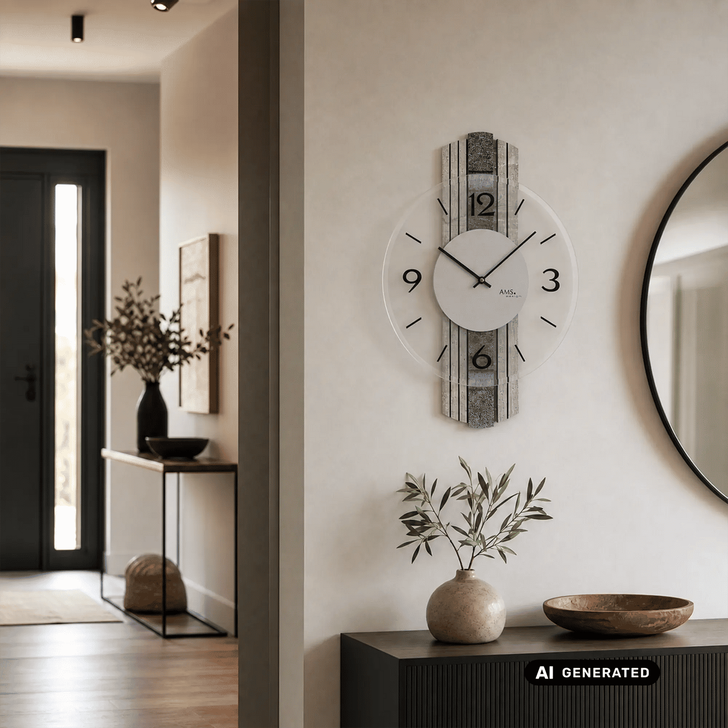 Wanduhr mit grauer Steinstruktur und rundem Zifferblatt, schwarze Stunden- und Minutenzeiger