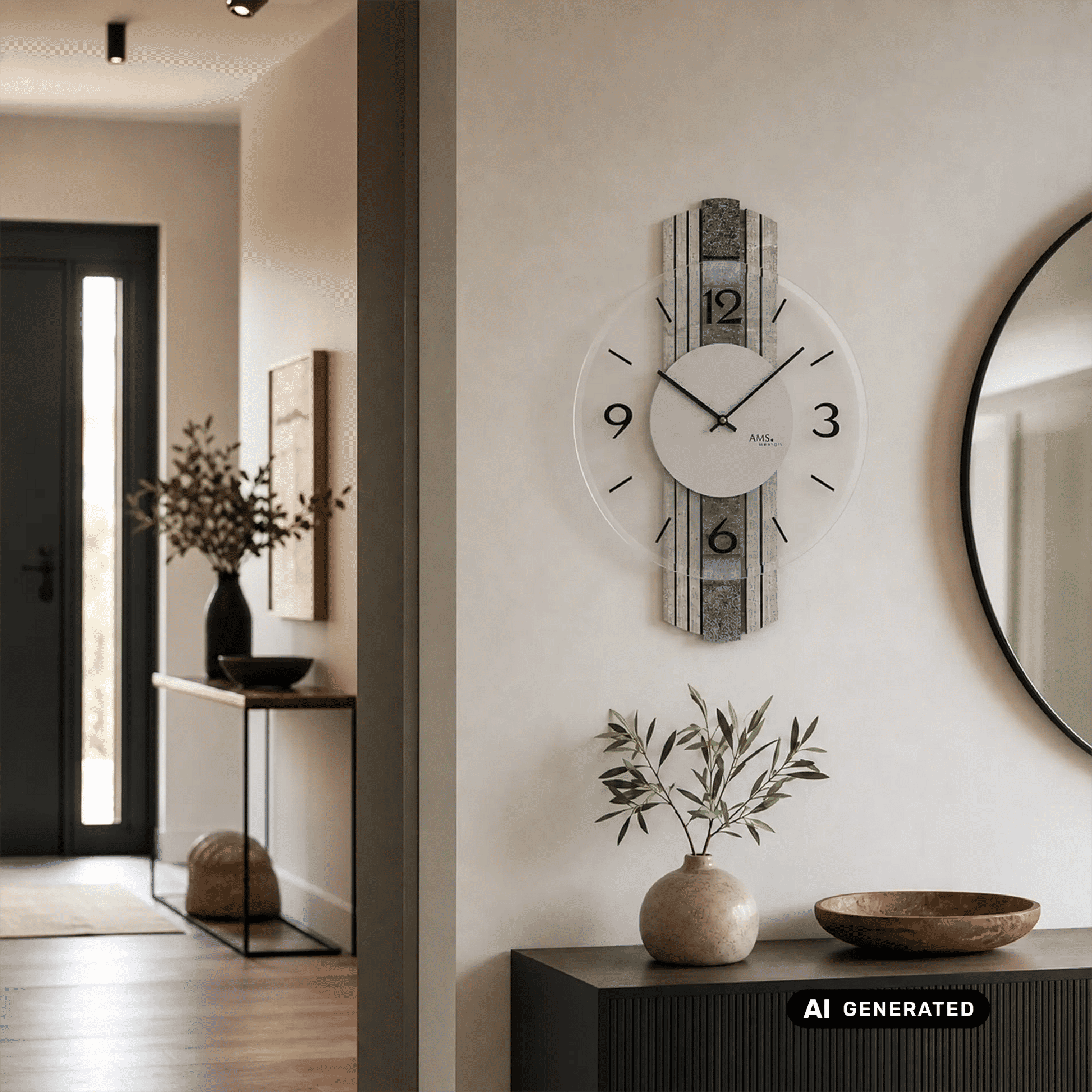 Wanduhr mit grauer Steinstruktur und rundem Zifferblatt, schwarze Stunden- und Minutenzeiger
