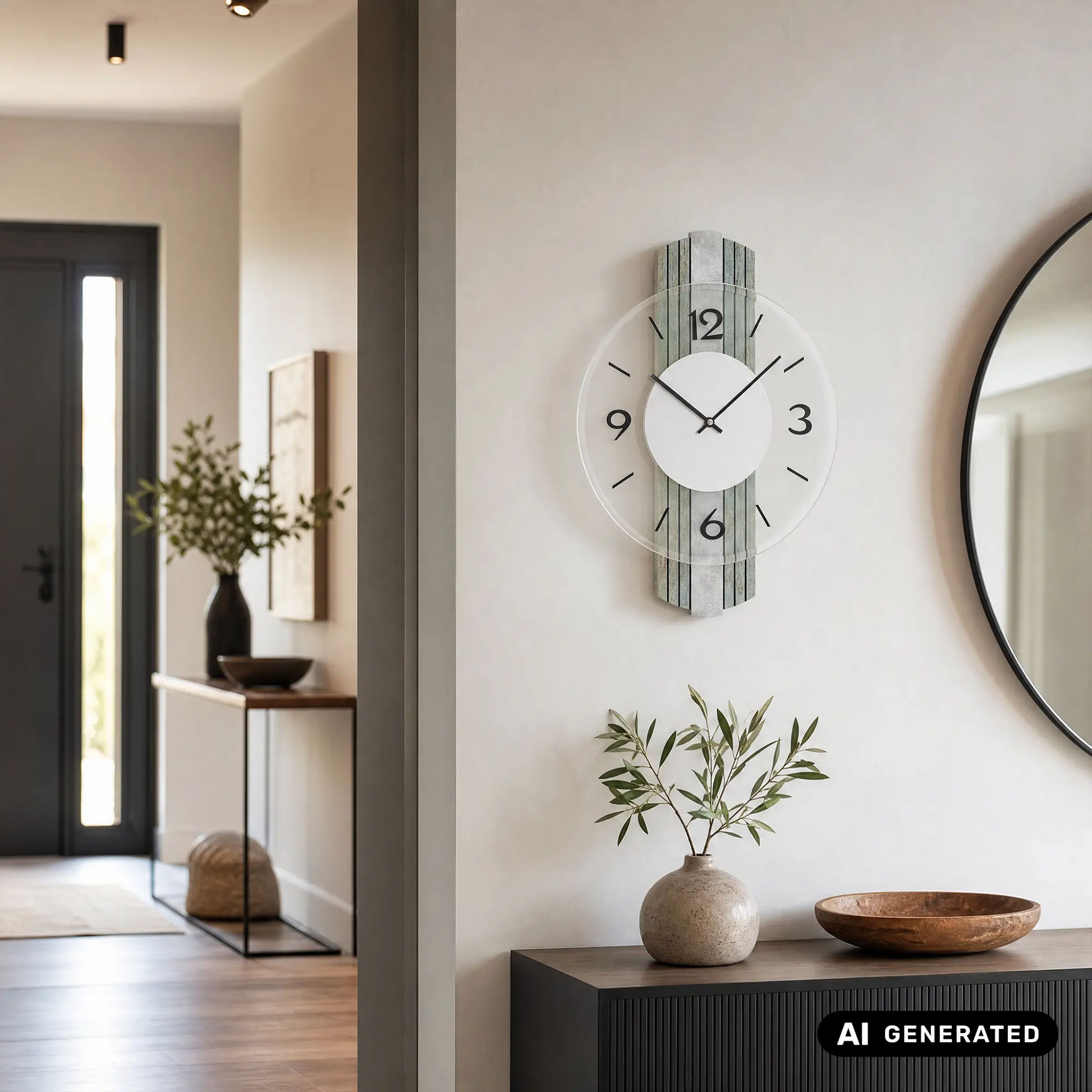 Wanduhr an der Wand mit Holzdekor-Rahmen, facettiertem Mineralglas und schwarzen Zeigern