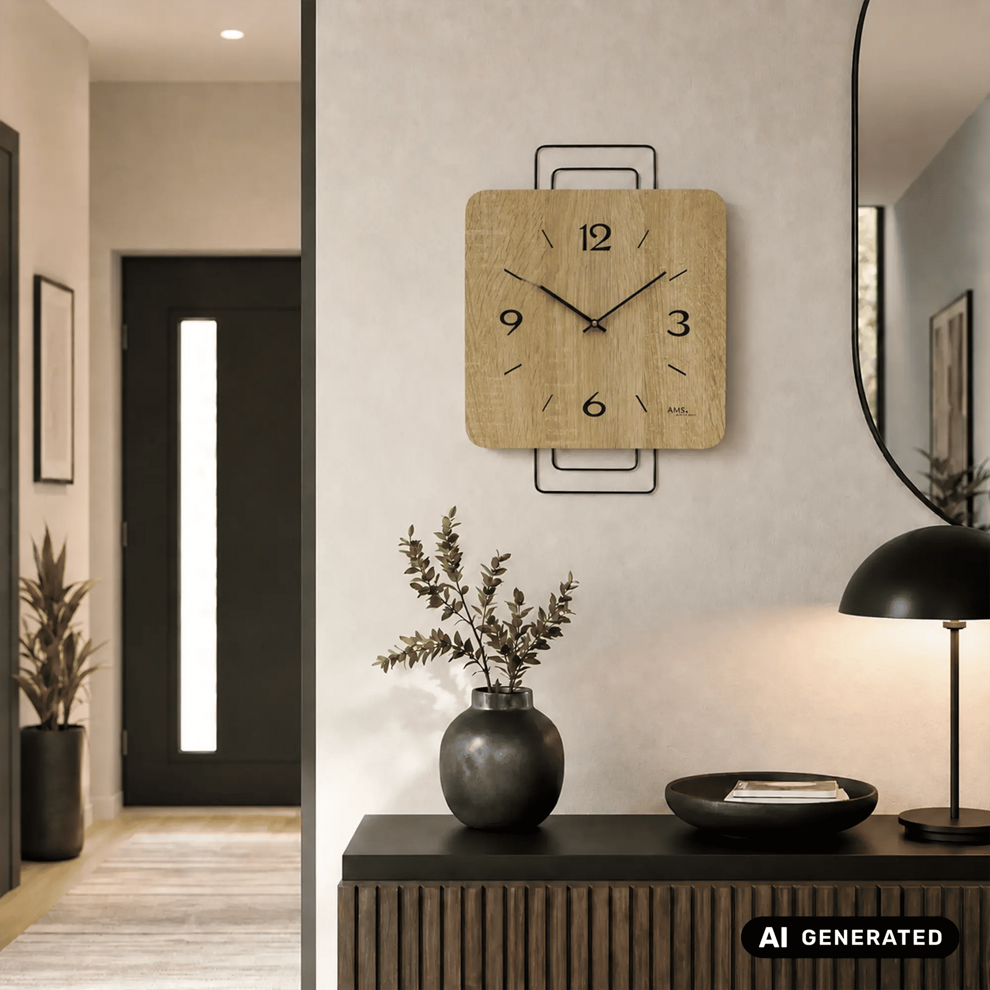 Wanduhr mit Holz-Zifferblatt in Sonoma-Eiche, schwarzem Metallrahmen und römischen Ziffern