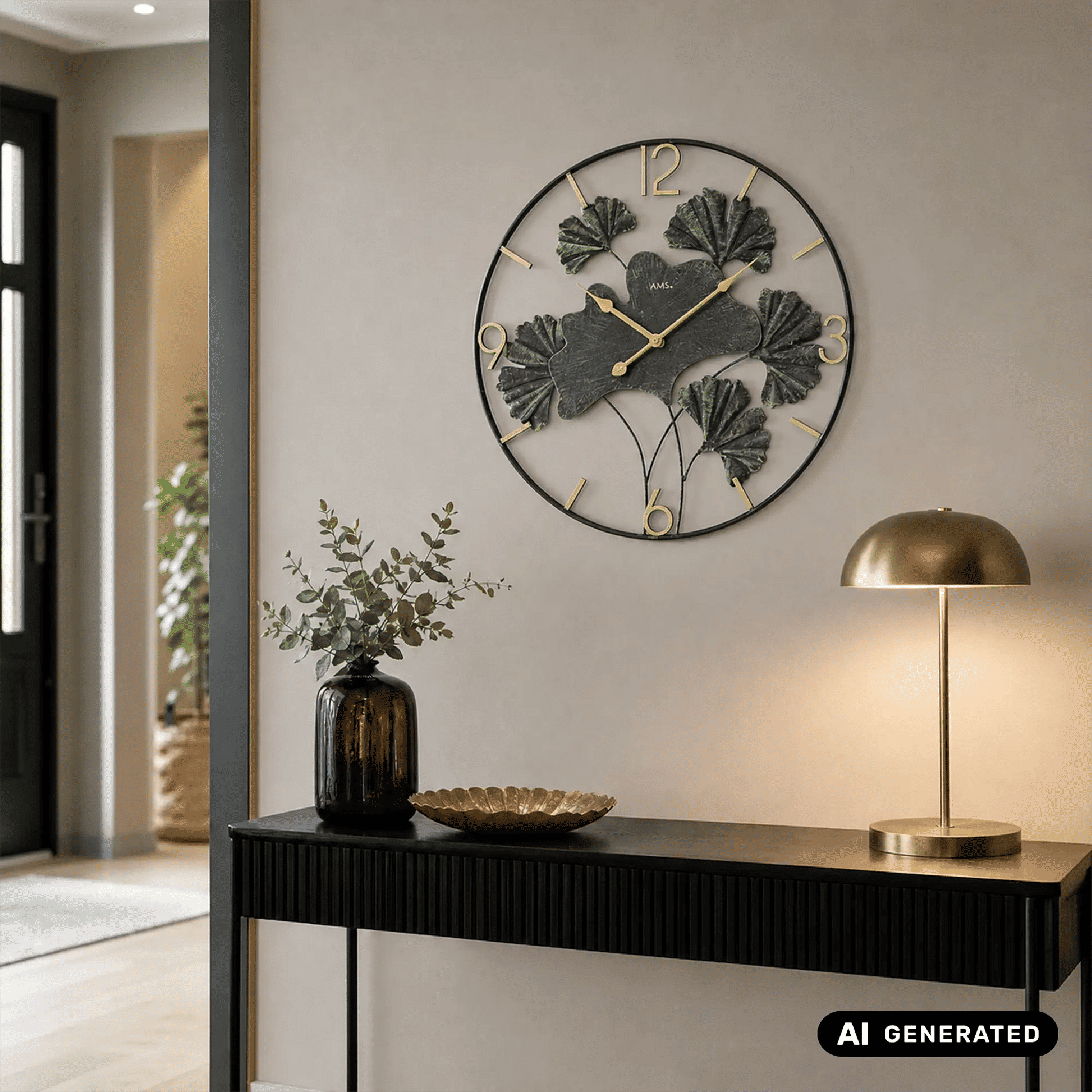 Runde Wanduhr mit Ginkgo-Metallmotiv, schwarzem Rahmen und goldenen Zeigern, Ziffern 1–12