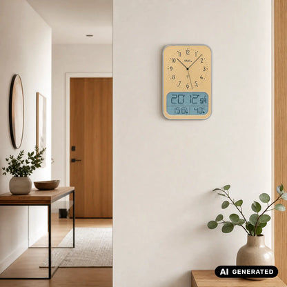 Horloge murale AMS Funk F5891M • Écran LCD • Aspect bois élégant