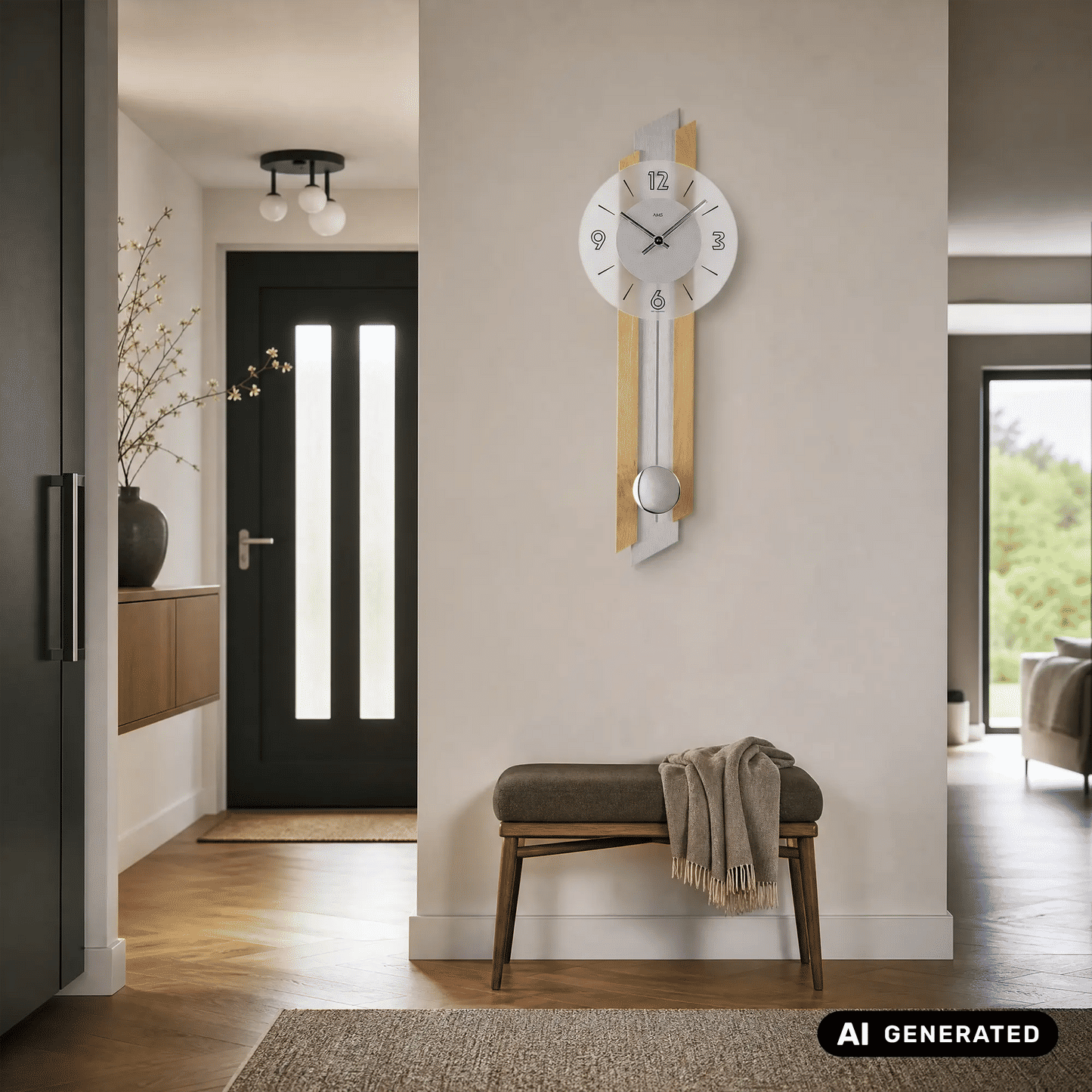 AMS W7207/18 Zegar ścienny z wahadłem bukowy • Mechanizm kwarcowy z wahadłem • Lite drewno ze szkłem mineralnym