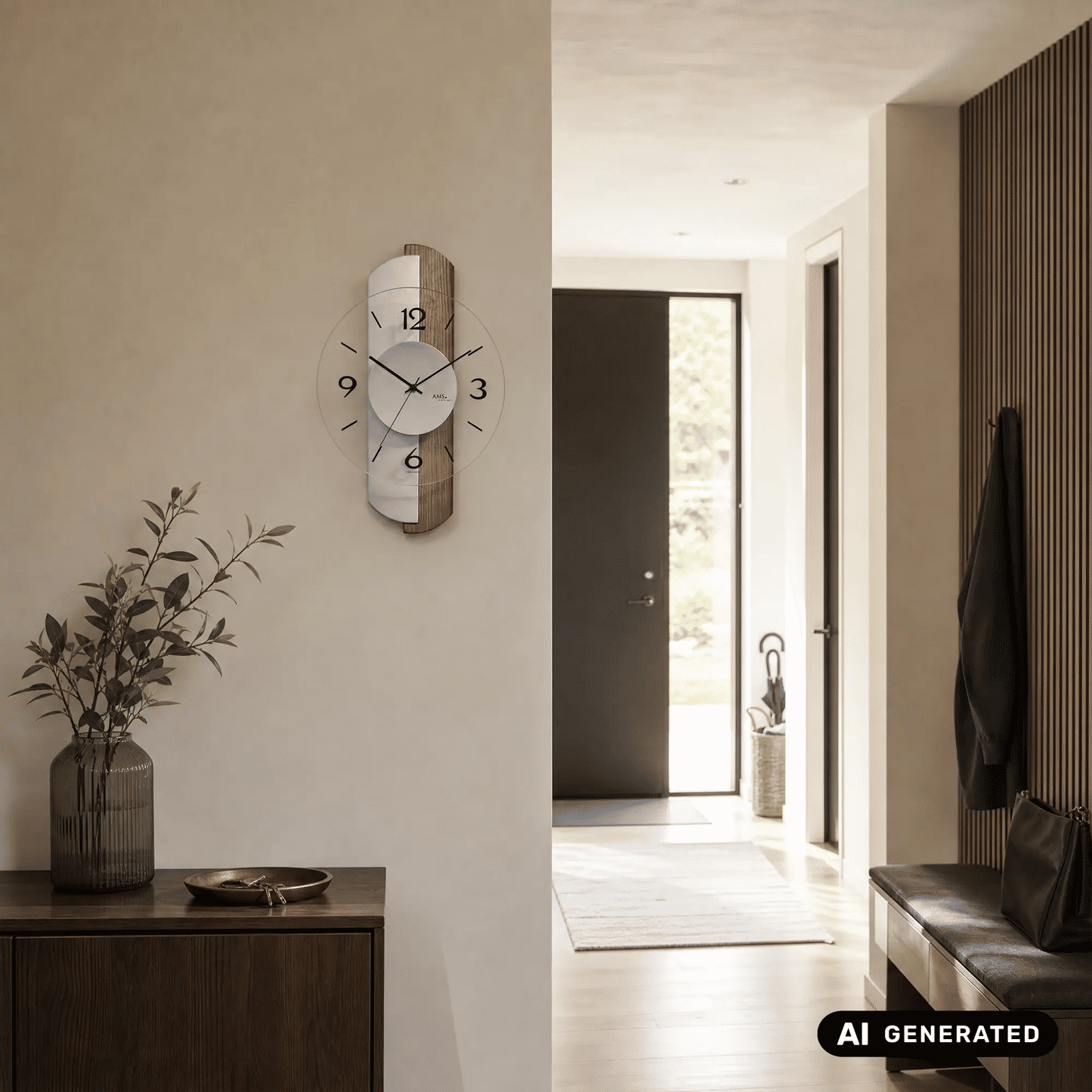 Zegar ścienny AMS W9211 dąb/srebrny • szkło mineralne fazowane • mechanizm kwarcowy