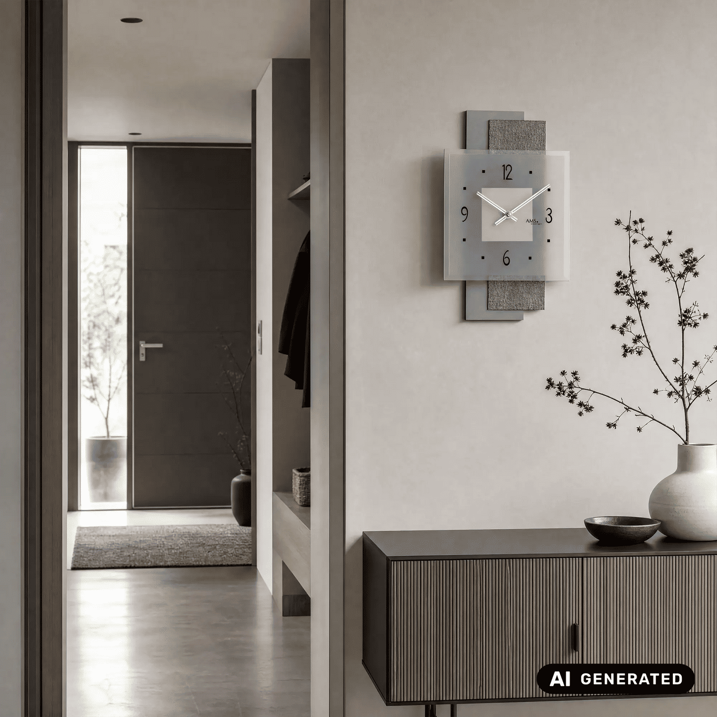 Zegar ścienny kwarcowy AMS W9443 brązowy/szary • Fasetowane szkło mineralne • Wyprodukowano w Niemczech