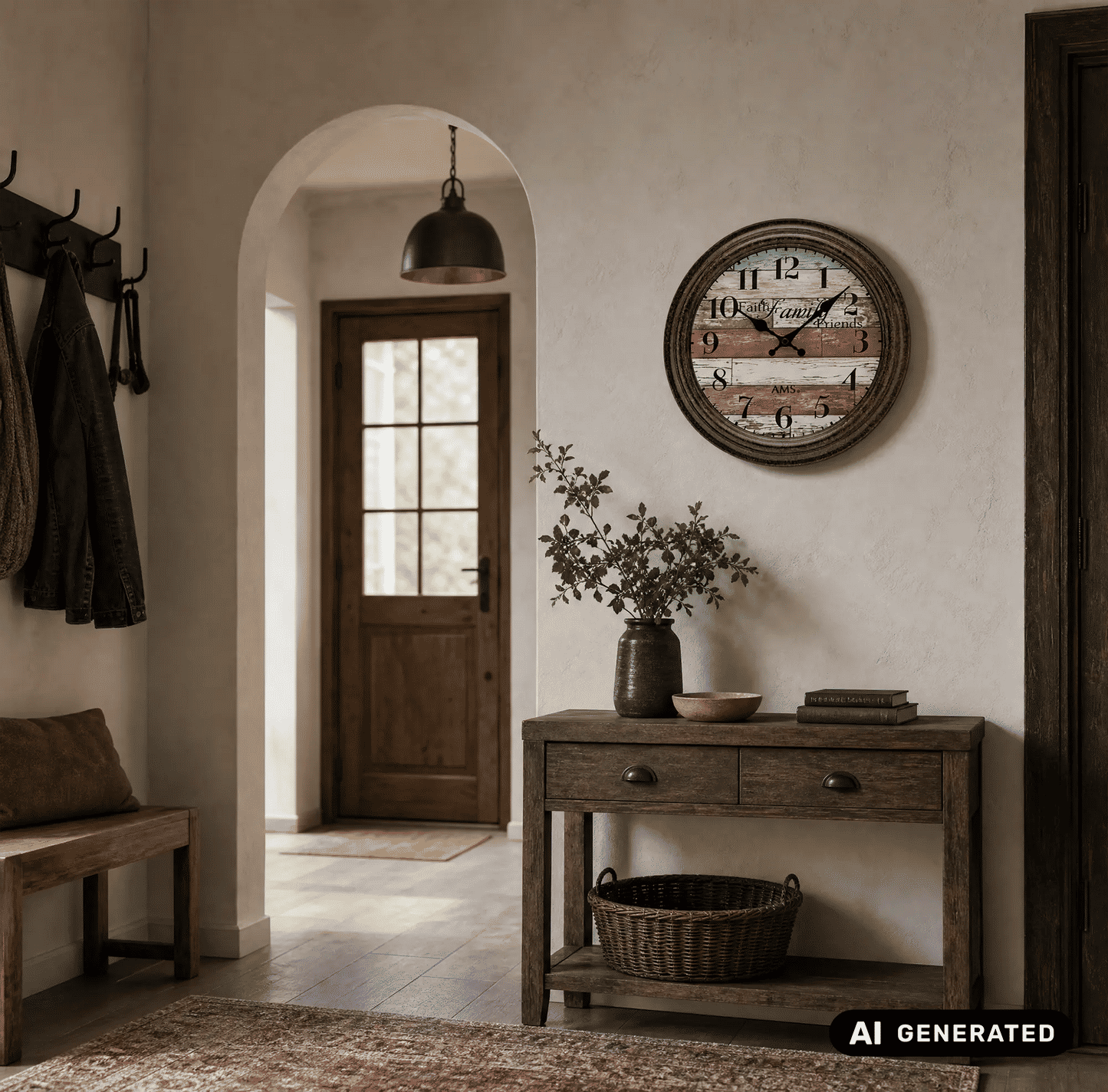 Okrągły zegar ścienny z brązową drewnianą ramą i arabskimi cyframi na czerwonej tarczy w stylu vintage