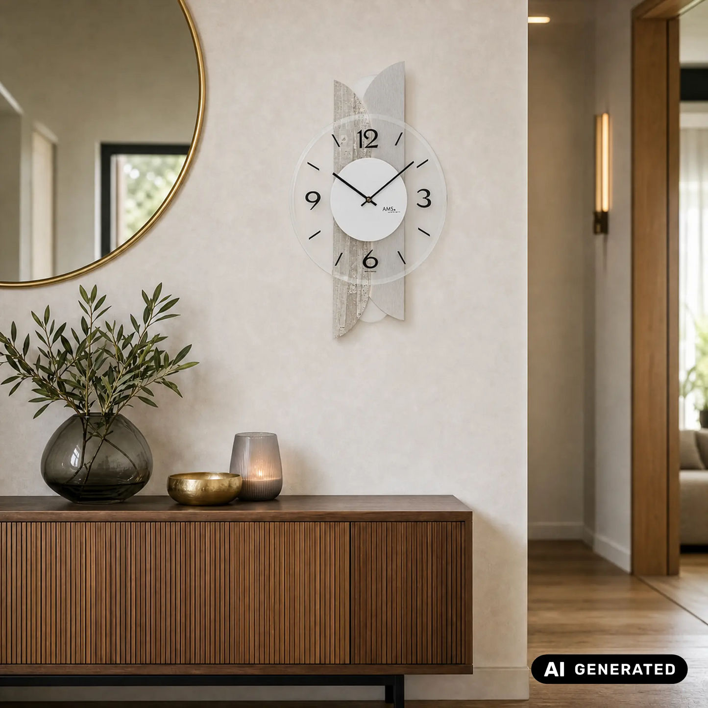 Wanduhr im Wanddesign mit rundem weißem Zifferblatt, schwarzen Zeigern und Holz-Glas-Akzenten