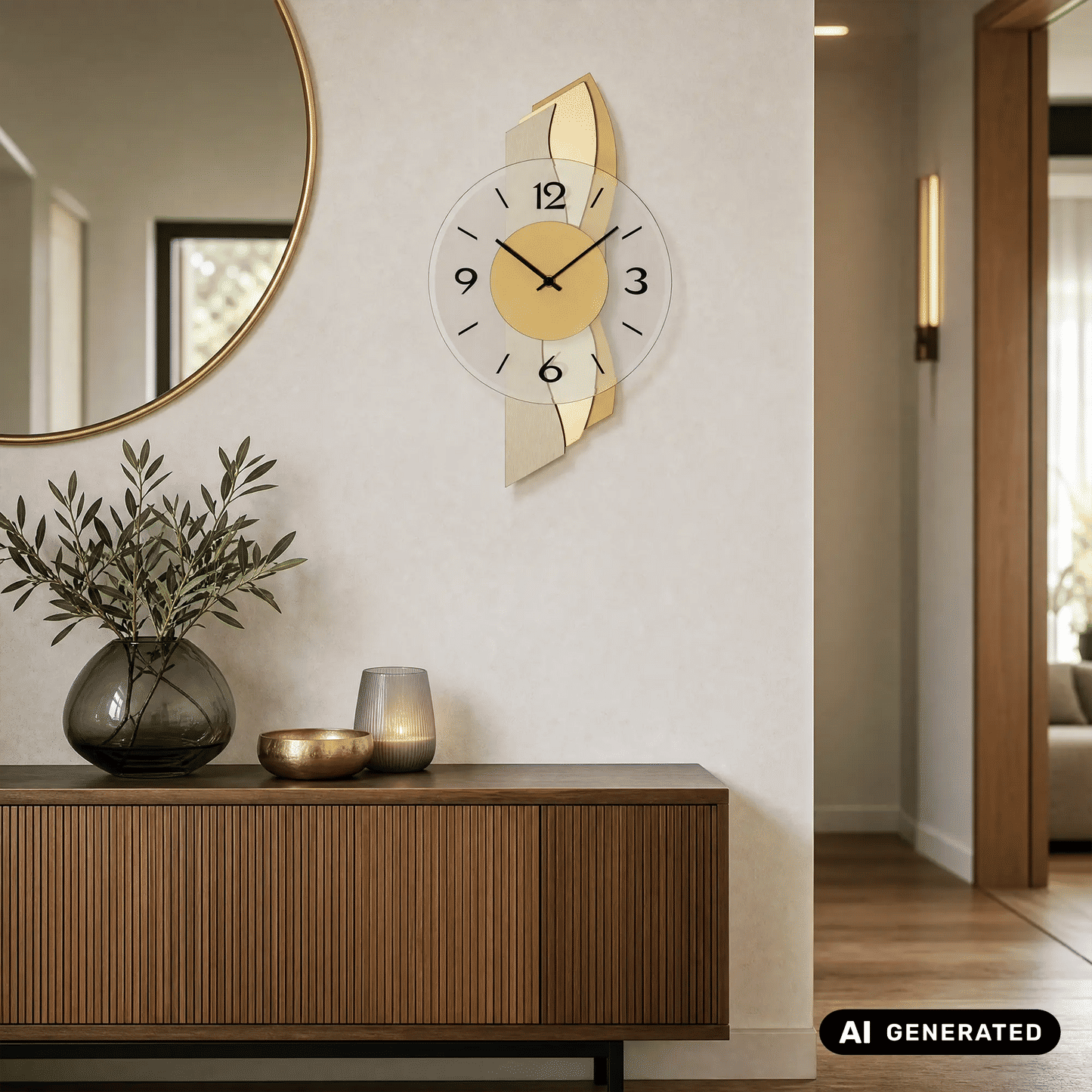 Wanduhr an der Wand: rundes weißes Zifferblatt mit goldfarbenem Zentrum und goldenen Elementen