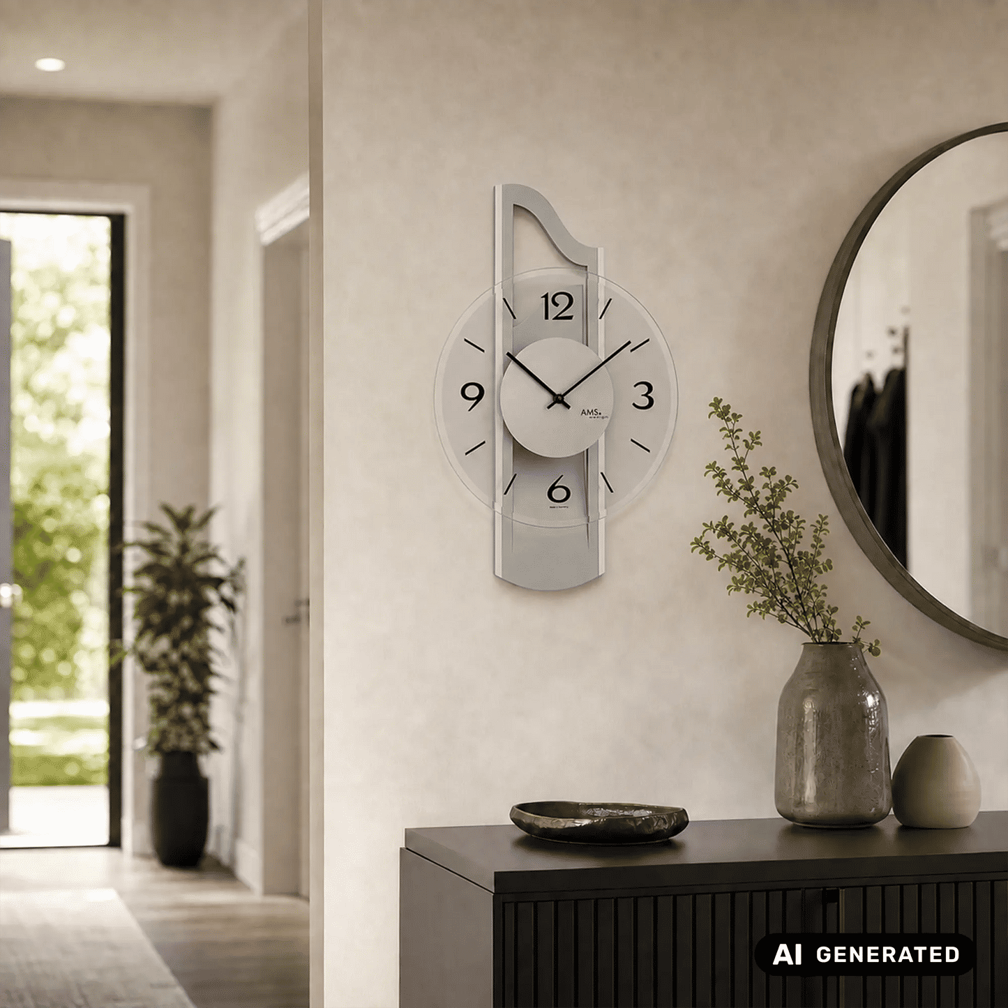 Wanduhr an der Wand: silbernes Gehäuse mit facettiertem Mineralglas und Ziffern