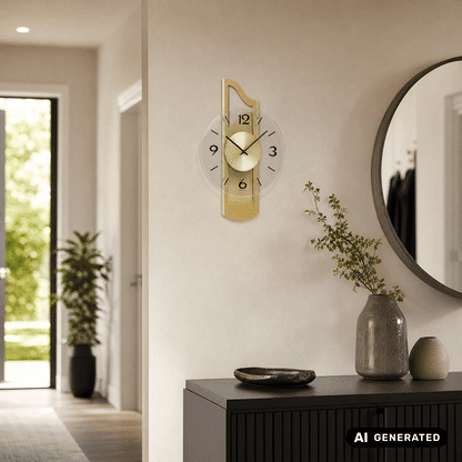 Wandmontierte Wanduhr: messingfarbene Holzoptik, weißes Zifferblatt und facettiertes Mineralglas