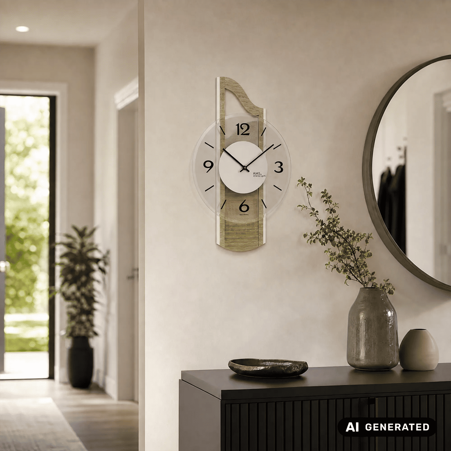 Wanduhr an der Wand mit geschwungenem Holzrahmen, schwarzer Zeigeranzeige und Sonoma-Optik