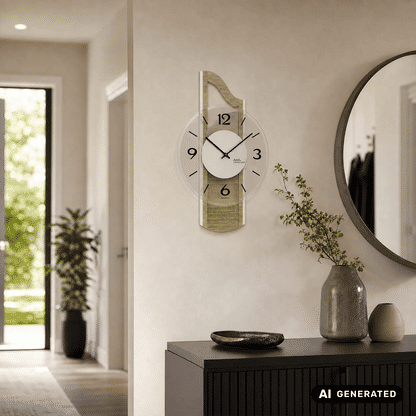 Wanduhr an der Wand mit geschwungenem Holzrahmen, schwarzer Zeigeranzeige und Sonoma-Optik