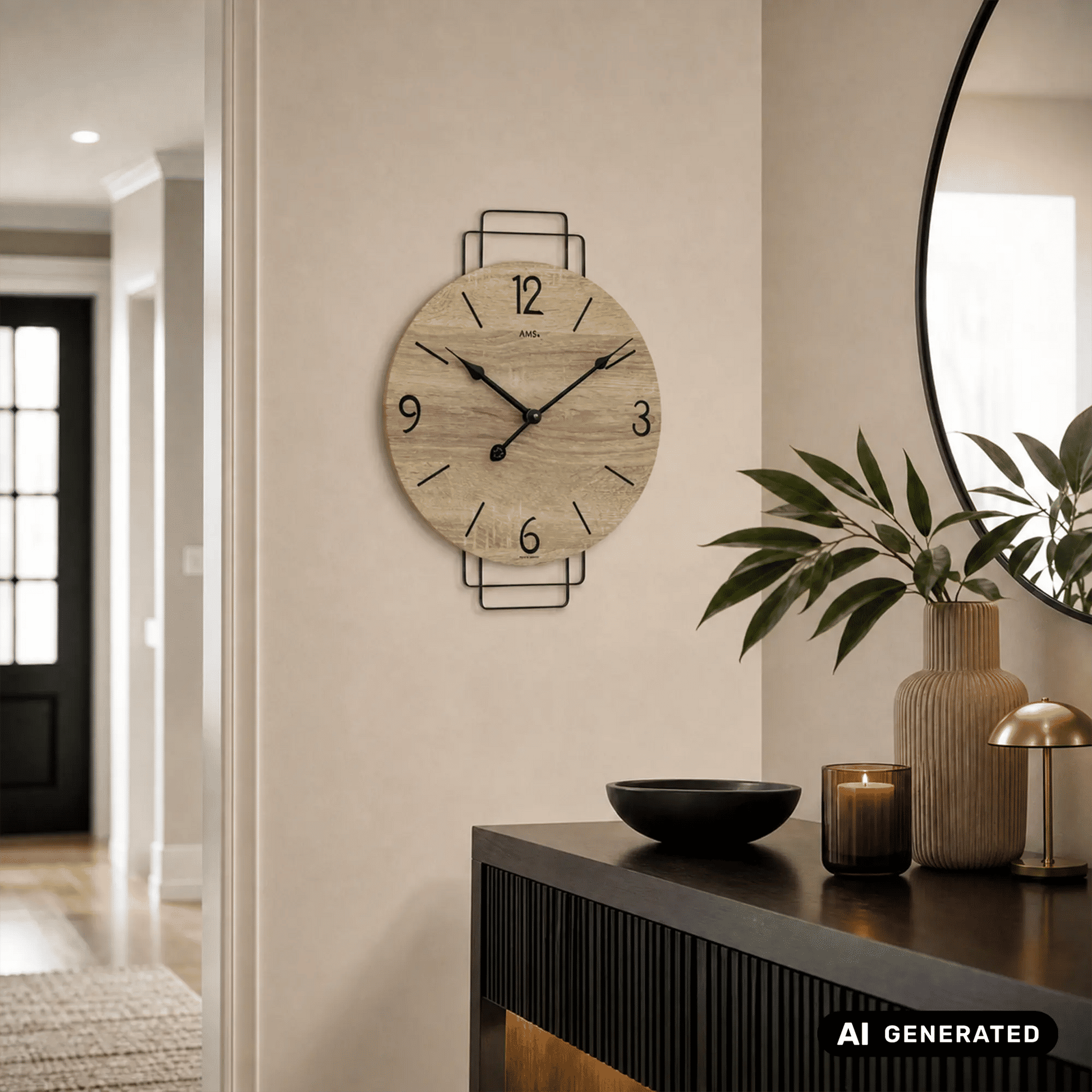 Wanduhr mit rundem Holzlook-Zifferblatt, schwarzen Zeigern und Metallbügel