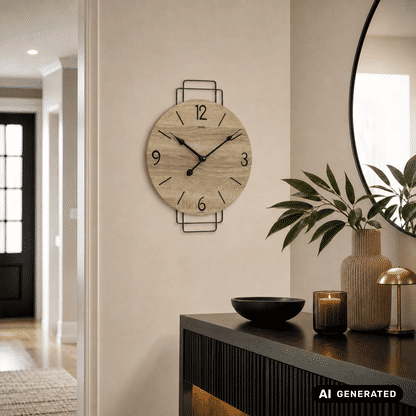 Wanduhr mit rundem Holzlook-Zifferblatt, schwarzen Zeigern und Metallbügel