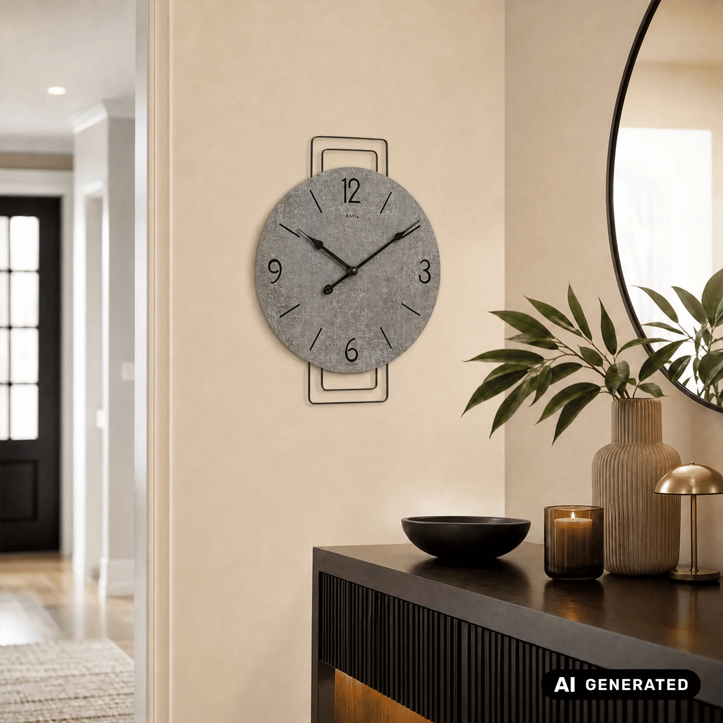 Wanduhr mit grauem Zifferblatt, schwarzen Zeigern und Metallrahmen an der Wand.