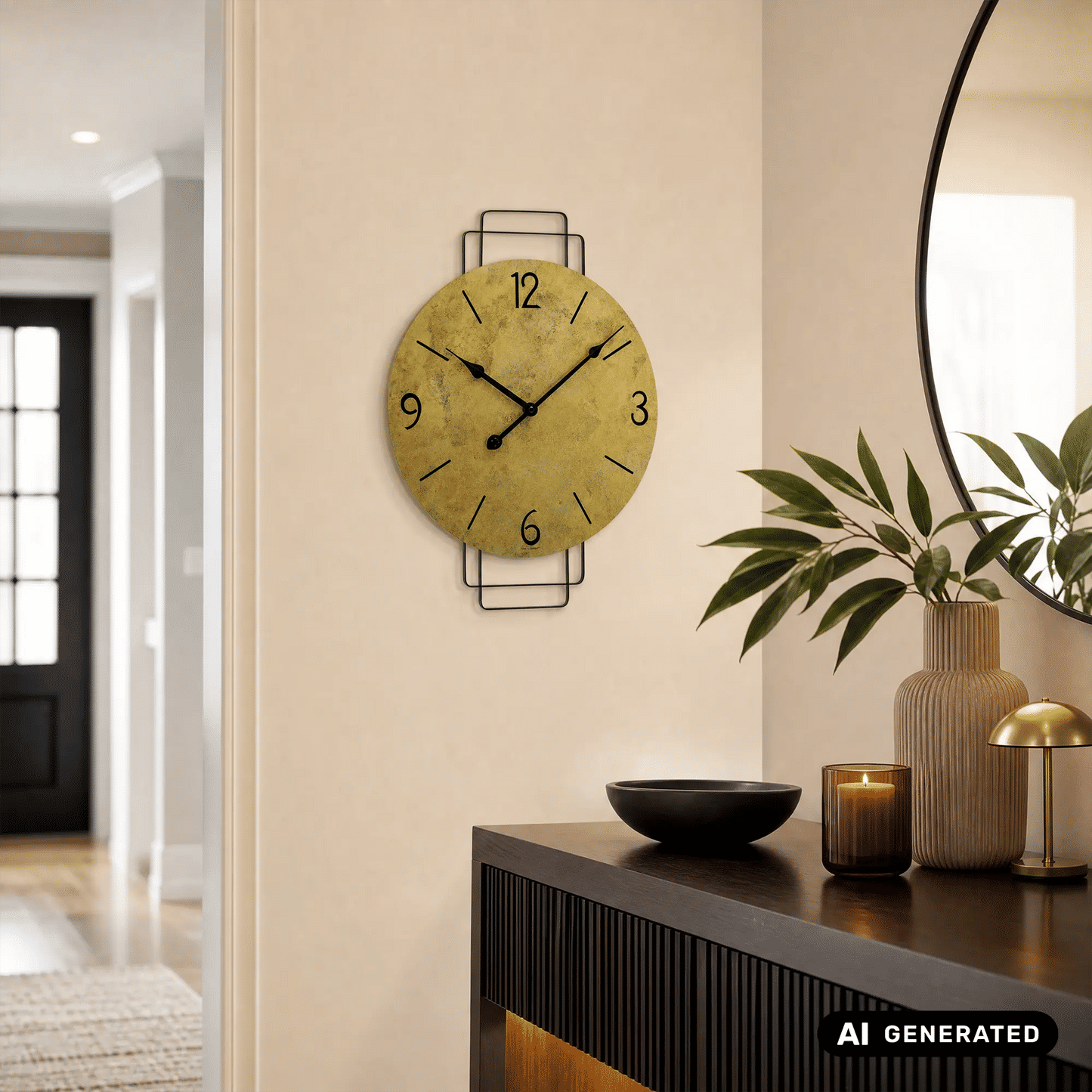 AMS Wanduhr mit rundem gelbem Zifferblatt, schwarzen Zeigern und Metallhalterung