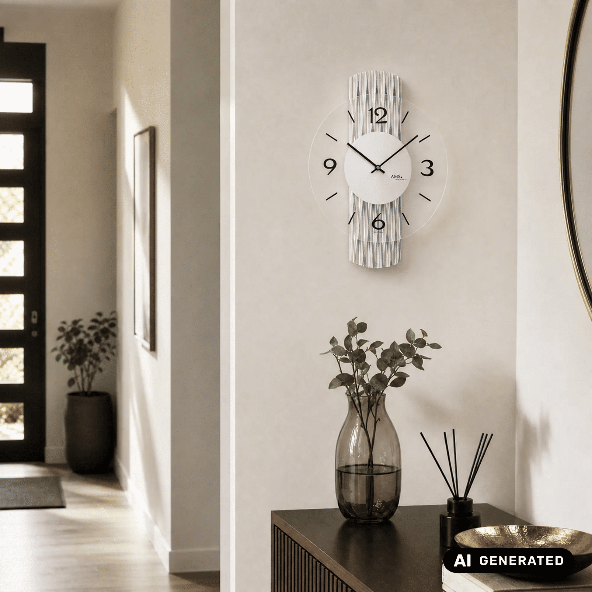 Wanduhr an der Wand mit rundem weißem Ziffernblatt, schwarzen Zeigern und silbernem geripptem Rahmen