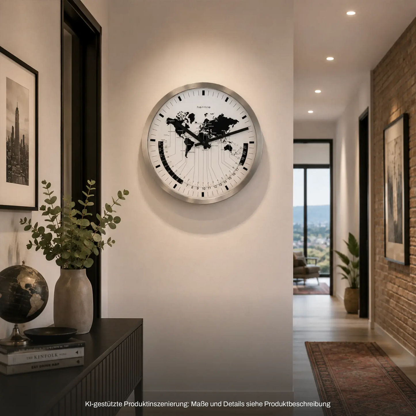 Runde Wanduhr mit Metallring und weißem Ziffernblatt, schwarze Weltkarte, römische Ziffern