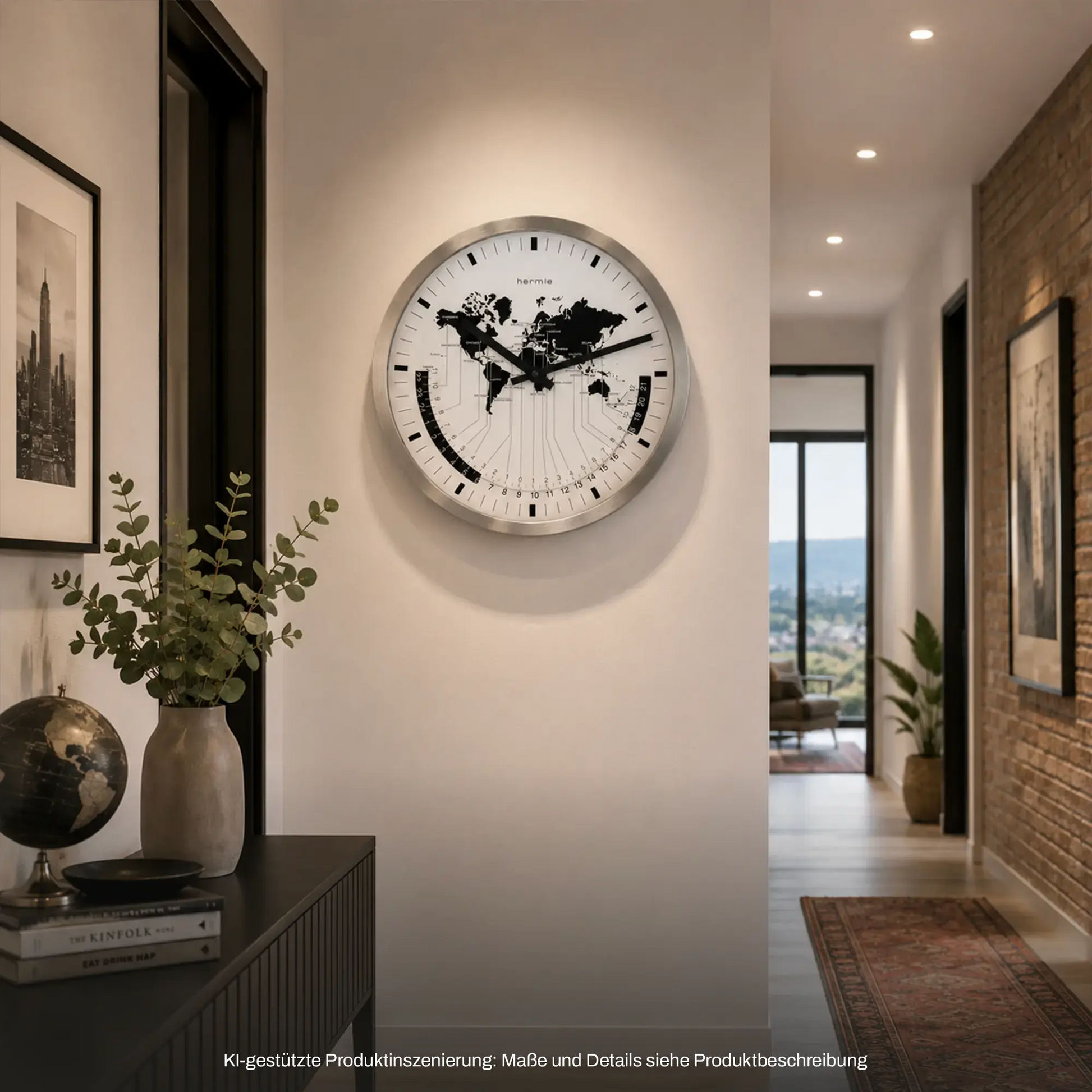 Runde Wanduhr mit Metallring und weißem Ziffernblatt, schwarze Weltkarte, römische Ziffern