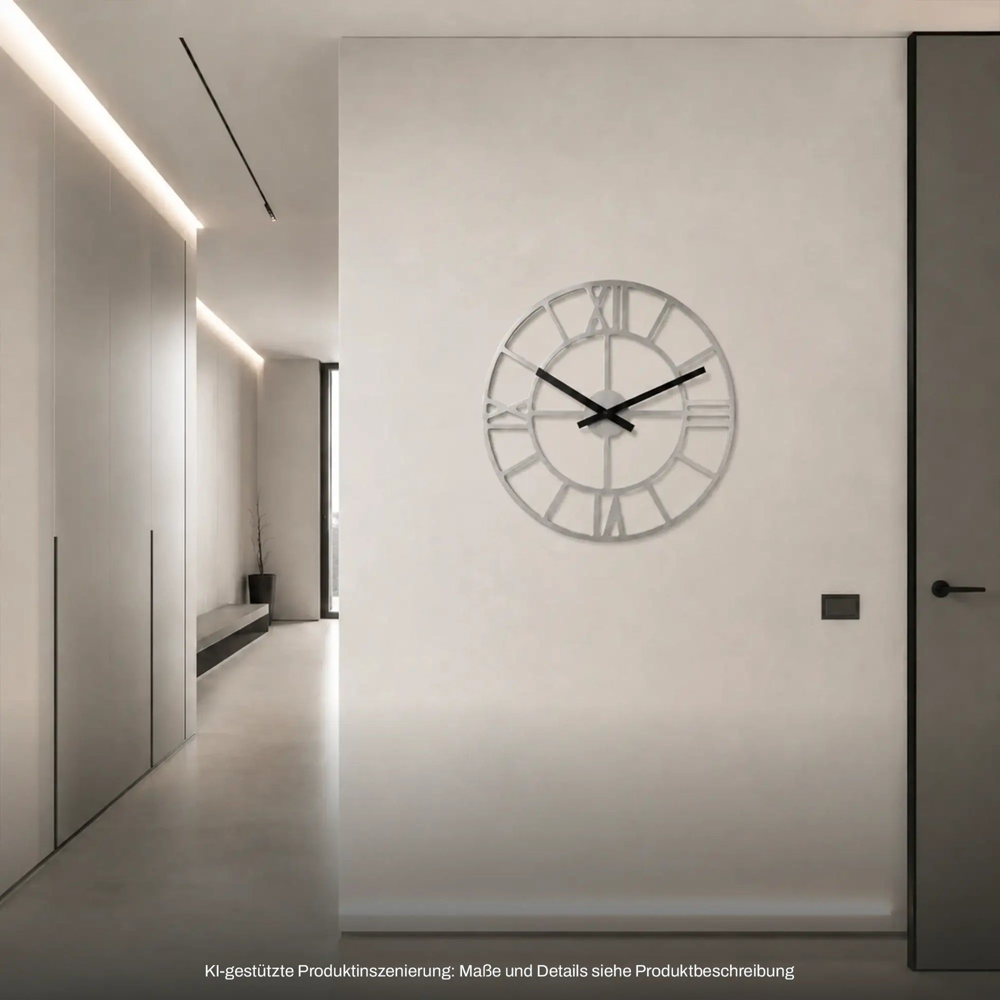 Runde Holzrahmen-Wanduhr mit transparentem Zifferblatt, römischen Indexen und schwarzen Zeigern