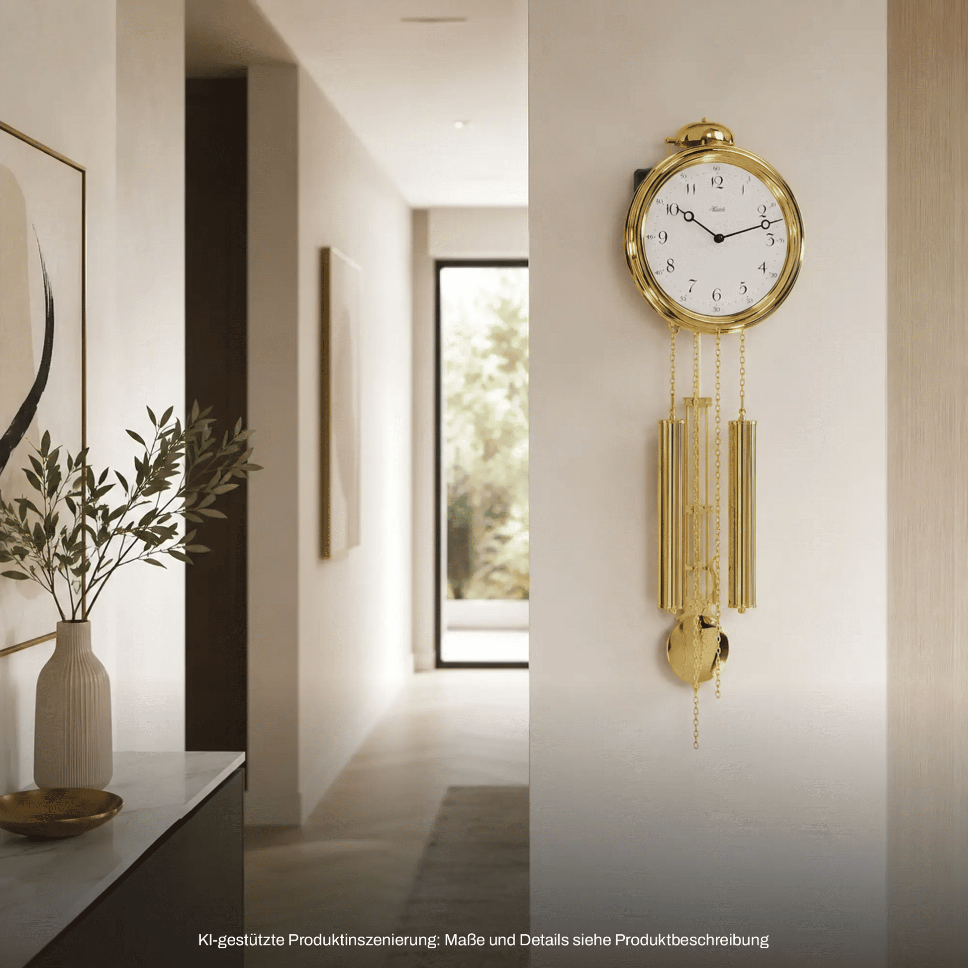 Wanduhr mit rundem Metallgehäuse, goldfarbenem Zifferblatt und hängenden Pendelgewichten