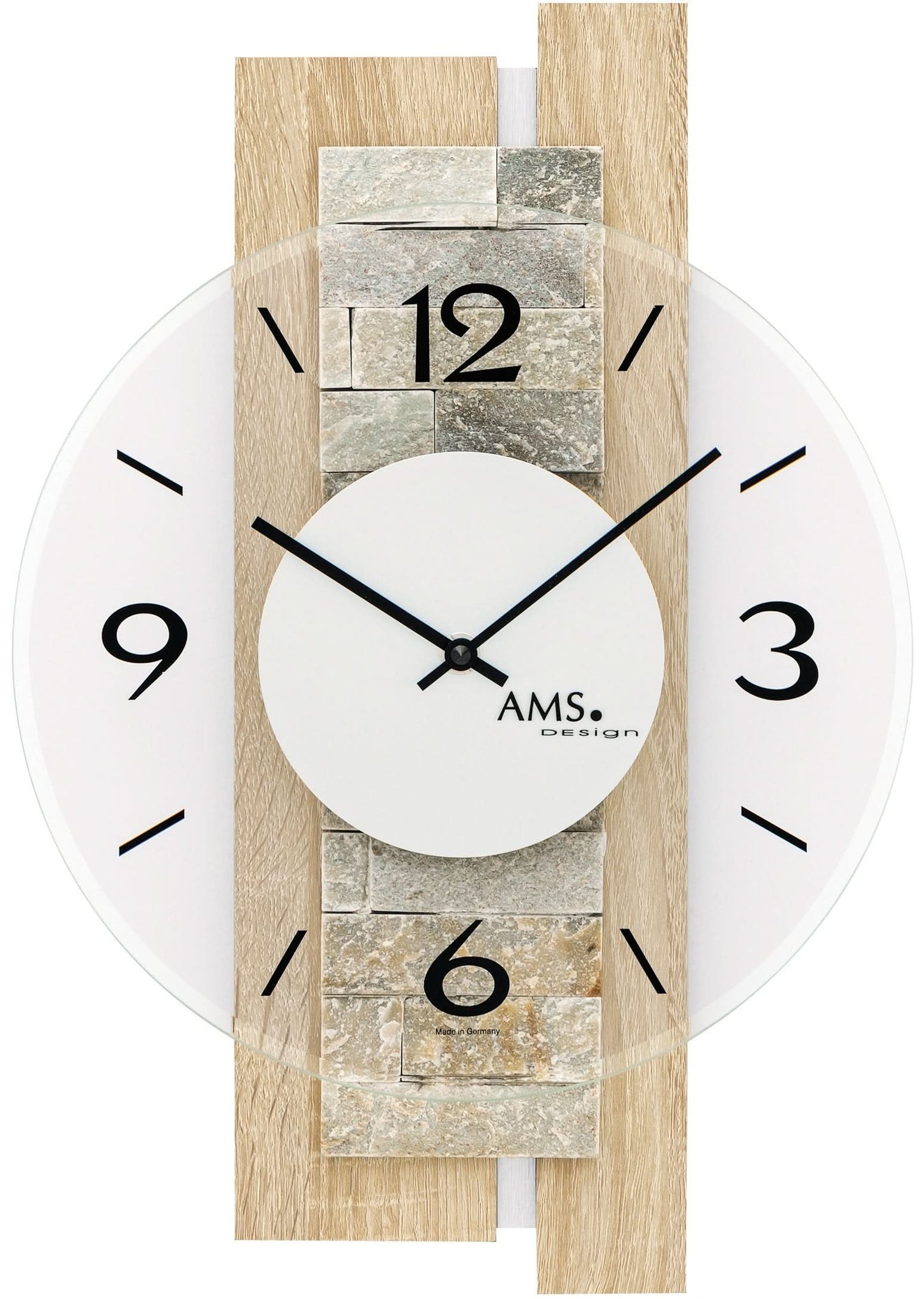 Horloge murale AMS 40x28x6 cm Bois • Mouvement quartz silencieux • Design moderne • Avec incrustations en pierre naturelle