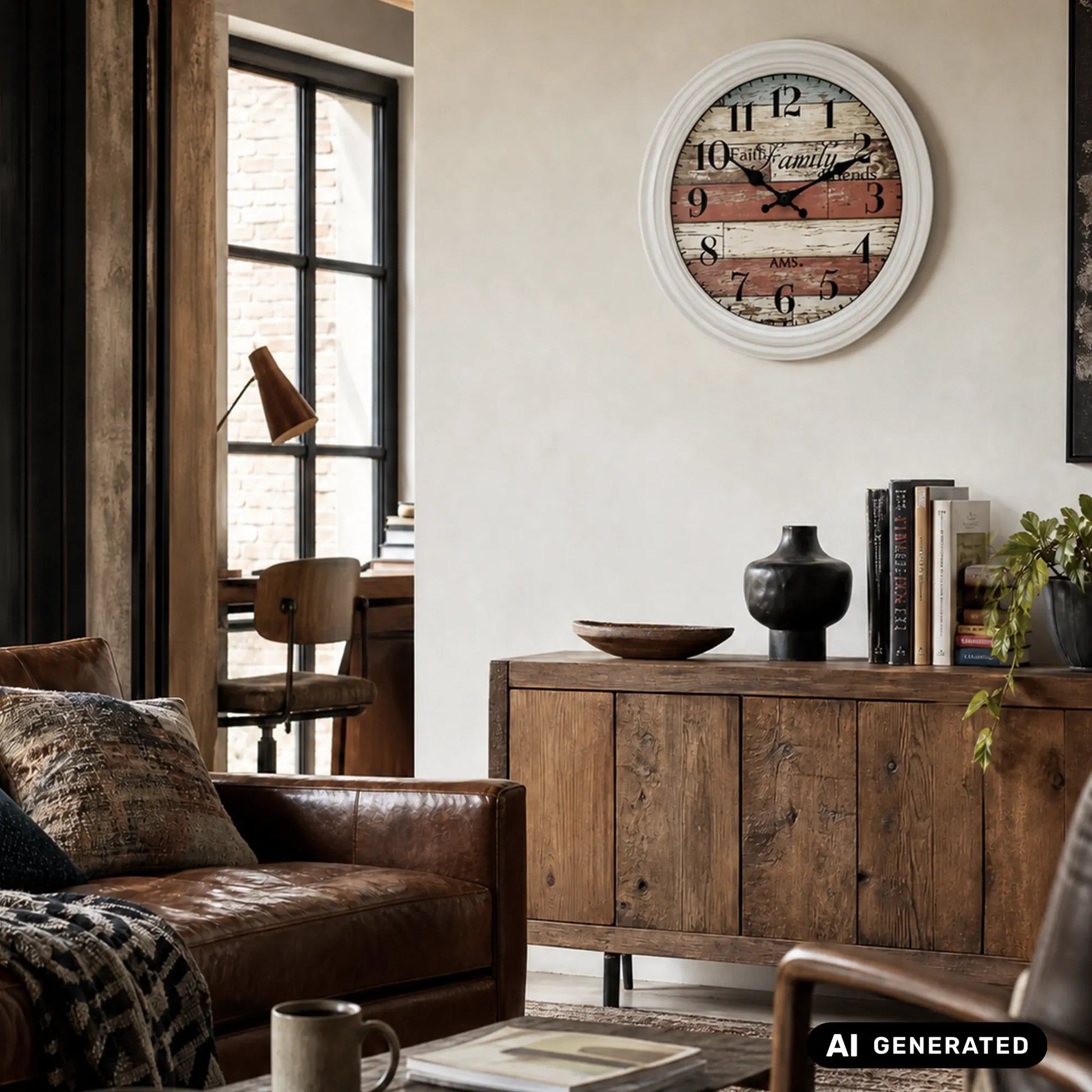 Zegar ścienny kwarcowy AMS ze srebrną ramą i okrągłą tarczą o wyglądzie drewna
