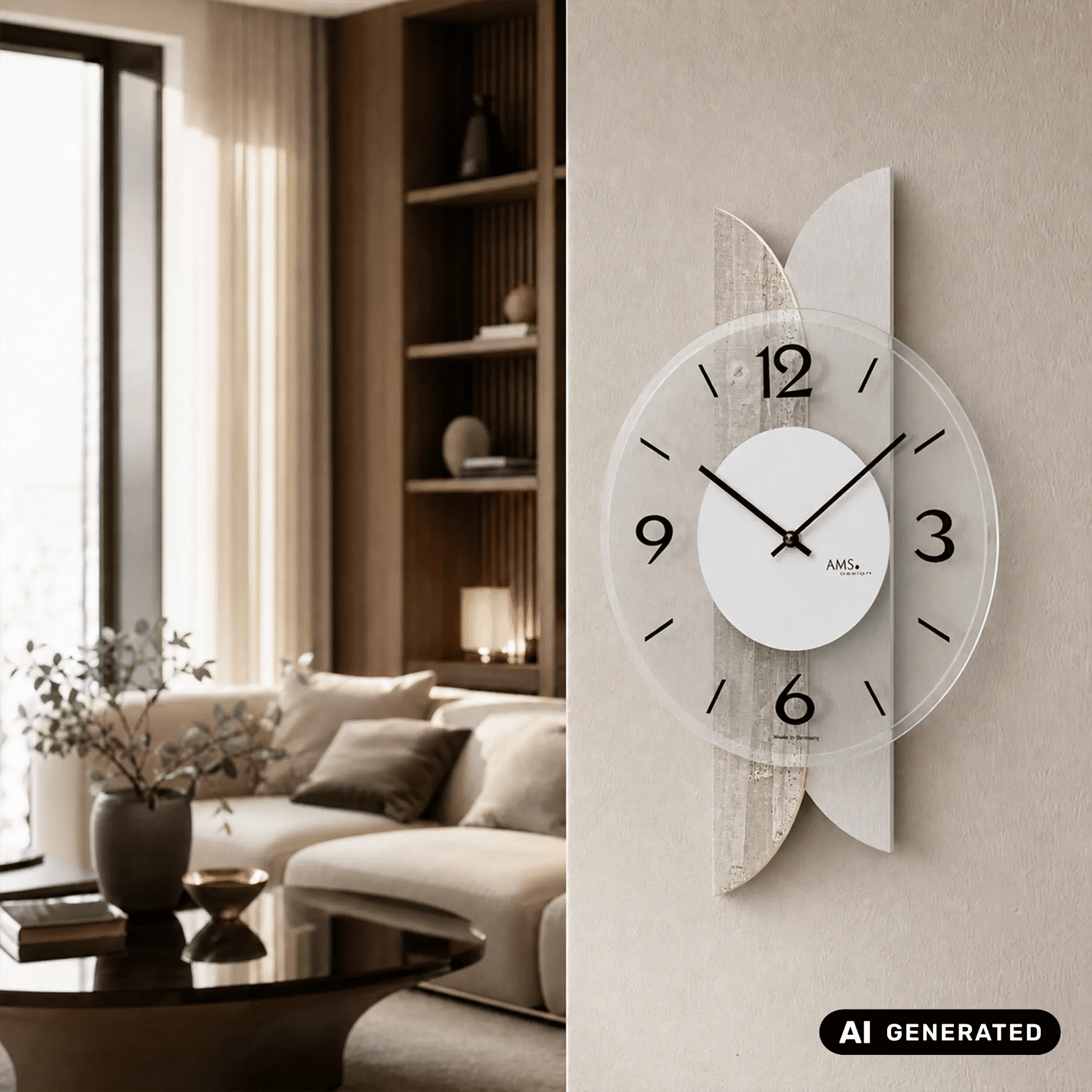 Wanduhr mit Betonstruktur und weißem Ziffernblatt, schwarze Stunden- und Minutenzeiger