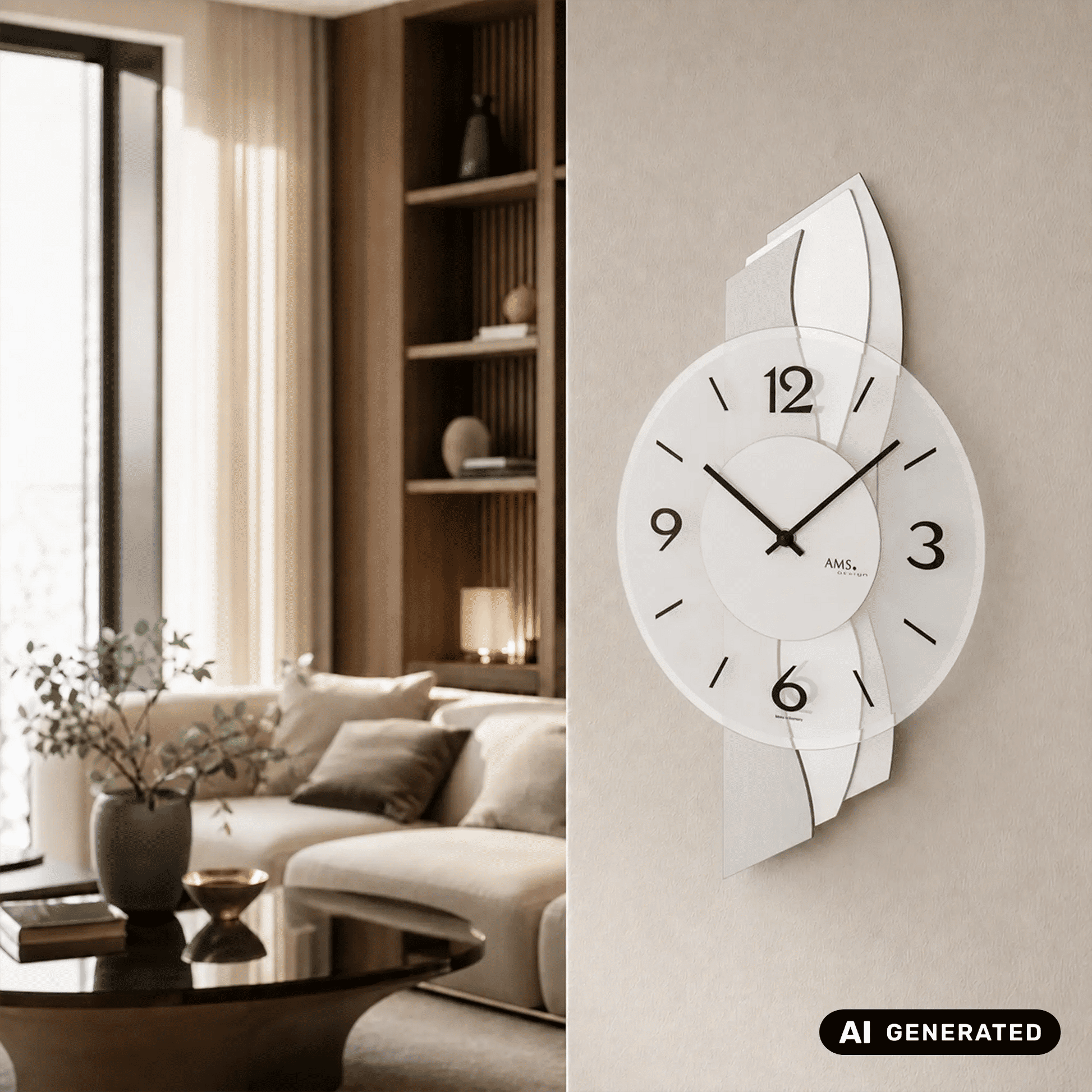 Wanduhr an der Wand mit weißem Zifferblatt, schwarzen Zahlen und schlanken schwarzen Zeigern
