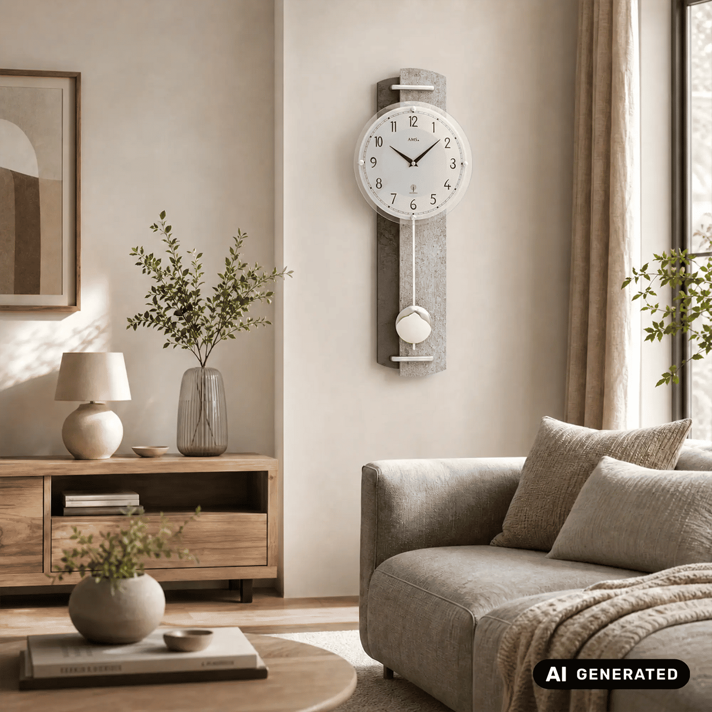 Wanduhr mit Steinstrukturgehäuse und Pendel, weißes Zifferblatt, grauer Rahmen